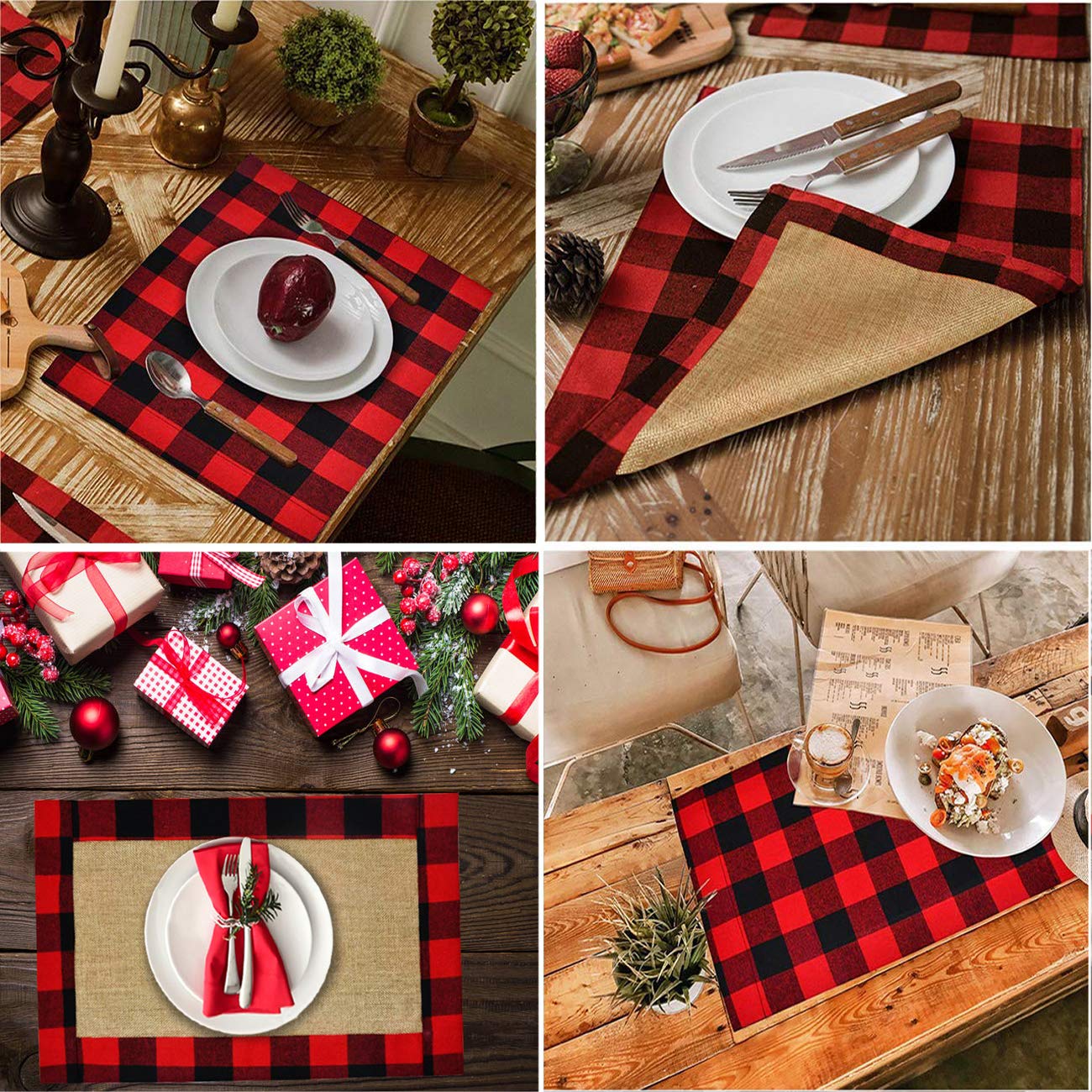Senneny Set Of 6 Christmas Placemats Buffalo Check Placemats Red Black Plaid Reversible Burlap & Cotton Placemats For Christmas