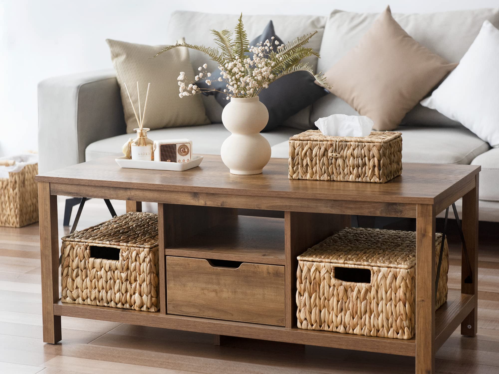 Storageworks Large Water Hyacinth Baskets For Organizing, Wicker Basket With Lid For Shelves, Storage Basket With Lid And Built-