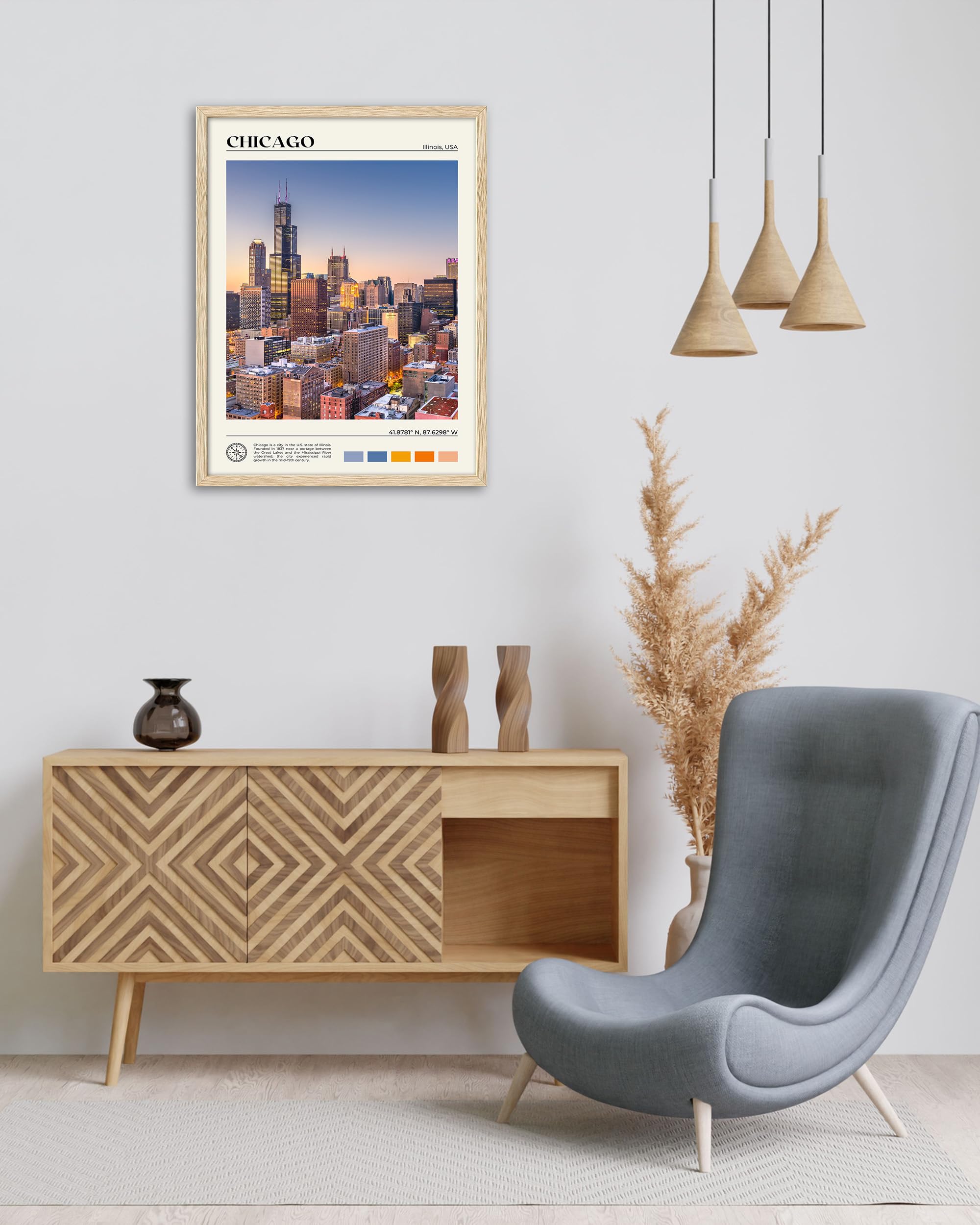 Hesendot Natural Oak Wood Chicago Cityscape Framed Wall Art,12X16In City Skyline Canvas Wall Print,Modern Urban Landmark Wall De