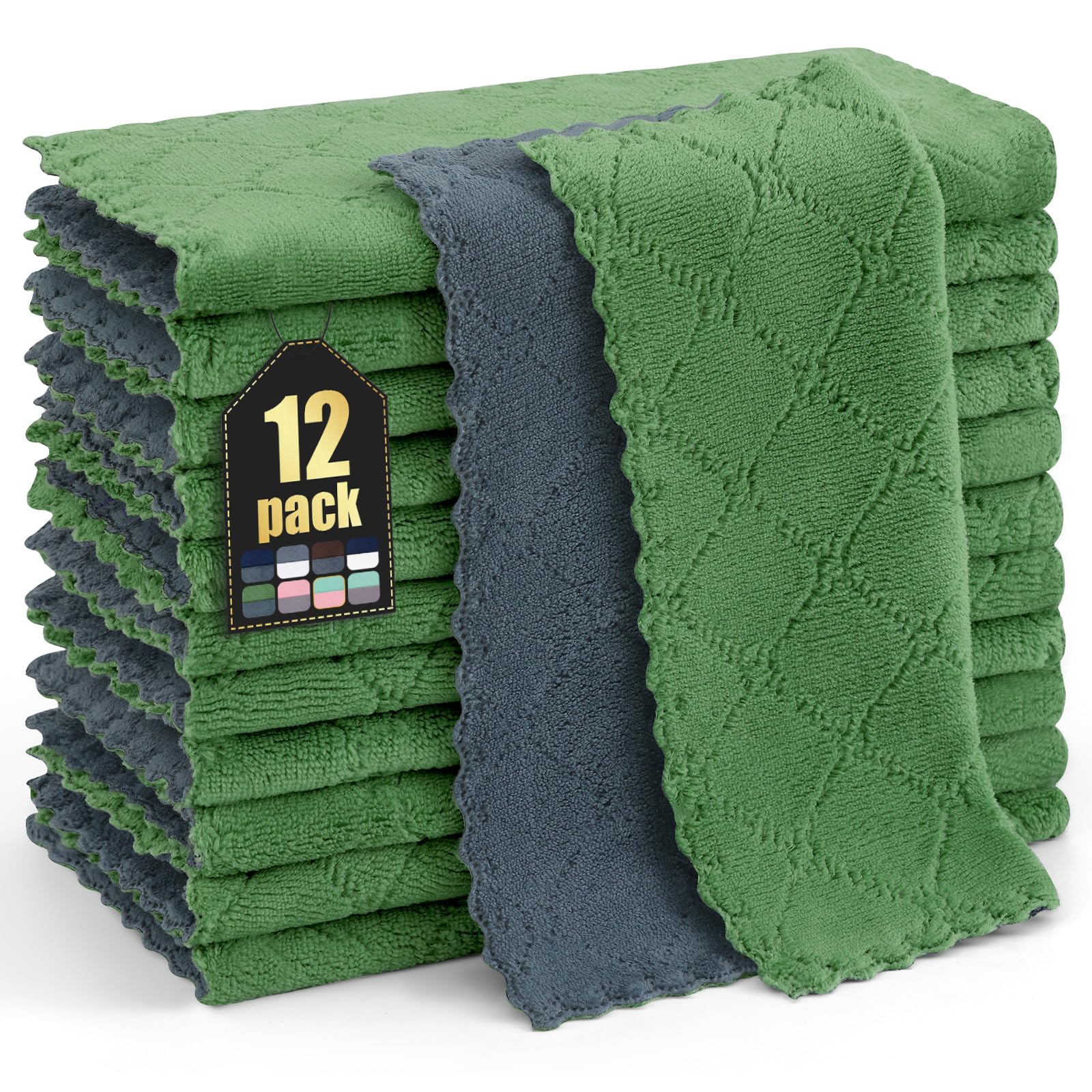 Homaxy 12 Pack Kitchen Cloths Dish Towels (10 x 10, Dark Grey & Grass Green), Super Soft and Absorbent Dish Cloths, Coral Velvet