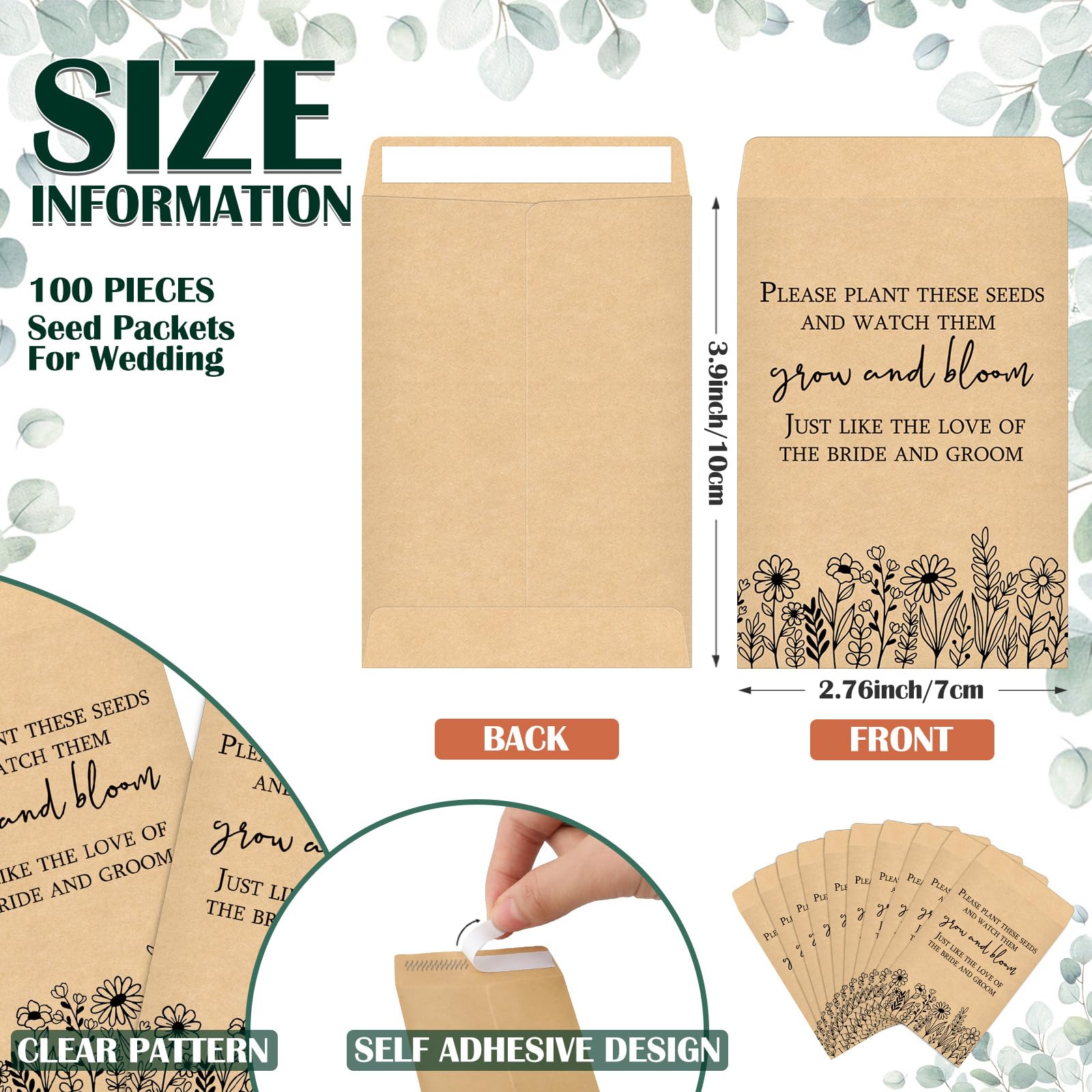 Ctosree 100 Set Wedding Favors For Guests Bulk Include 100 Pcs Self Adhesive Seed Packets Kraft Paper Seed Envelopes 100 Pcs Let