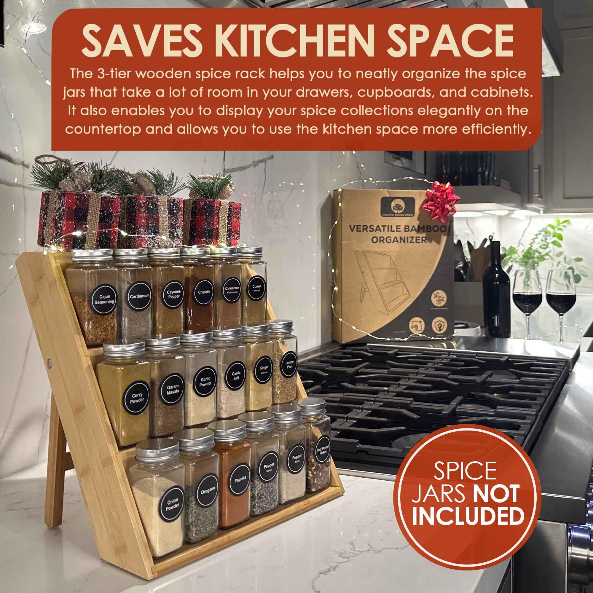 Pacific Moon Tree Bamboo Spice Rack and Organizer, 3-tier Seasoning Spice Jar Organizer, Excellent Tiered Wooden Spice Racks Fre