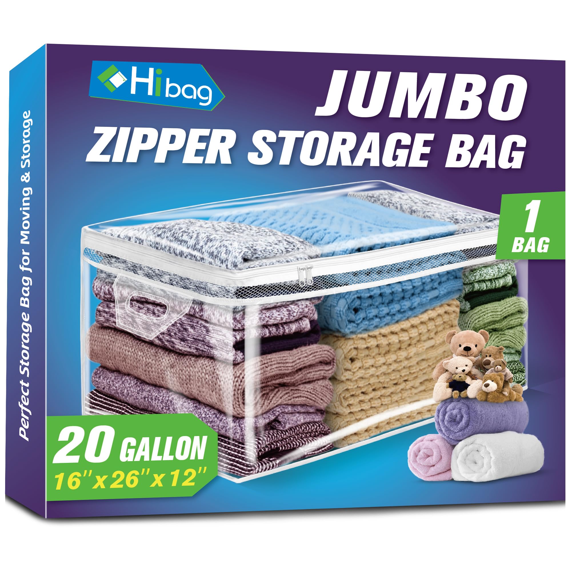 Hibag 20 Gallon Large Storage Bag For Clothes, Zipper Clothing Storage Bag, Clear Organizer With Reinforced Handles, For Comfort