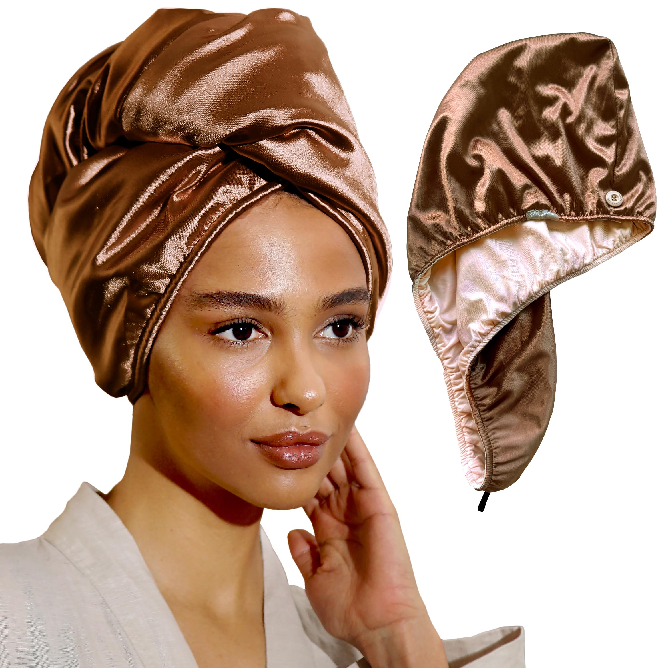 SMPL objects Satin and Bamboo Hair Towel Wrap for Women, Satin Hair Plopping Towel Curly Hair - Satin Hair Towel for Wet Hair (P