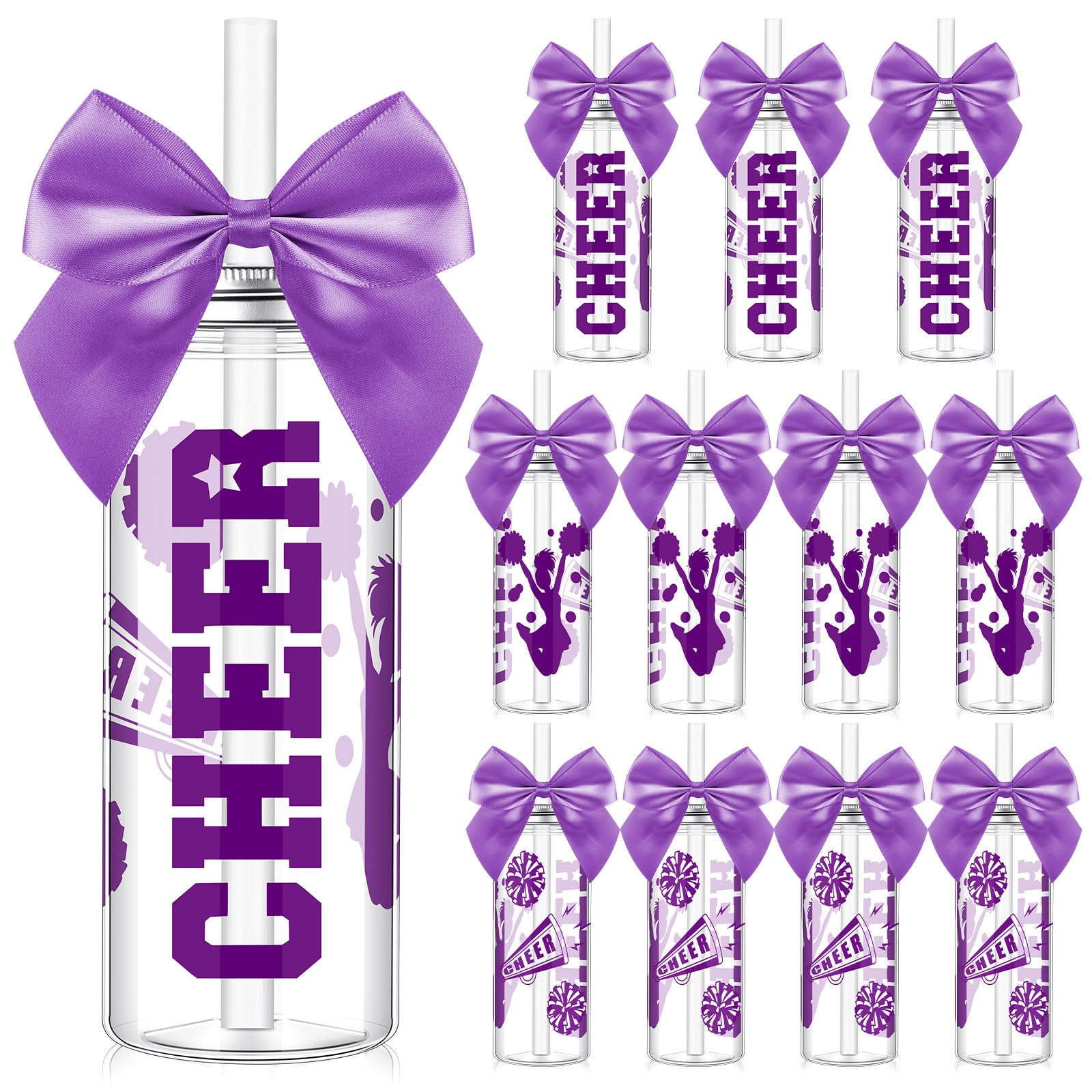 Teenyyou 12 Pcs Purple Cheerleader Gift Bulk for Team Cheer Cups 14 oz Bow Water Bottle Plastic Cheer Tumblers with Lid and Stra