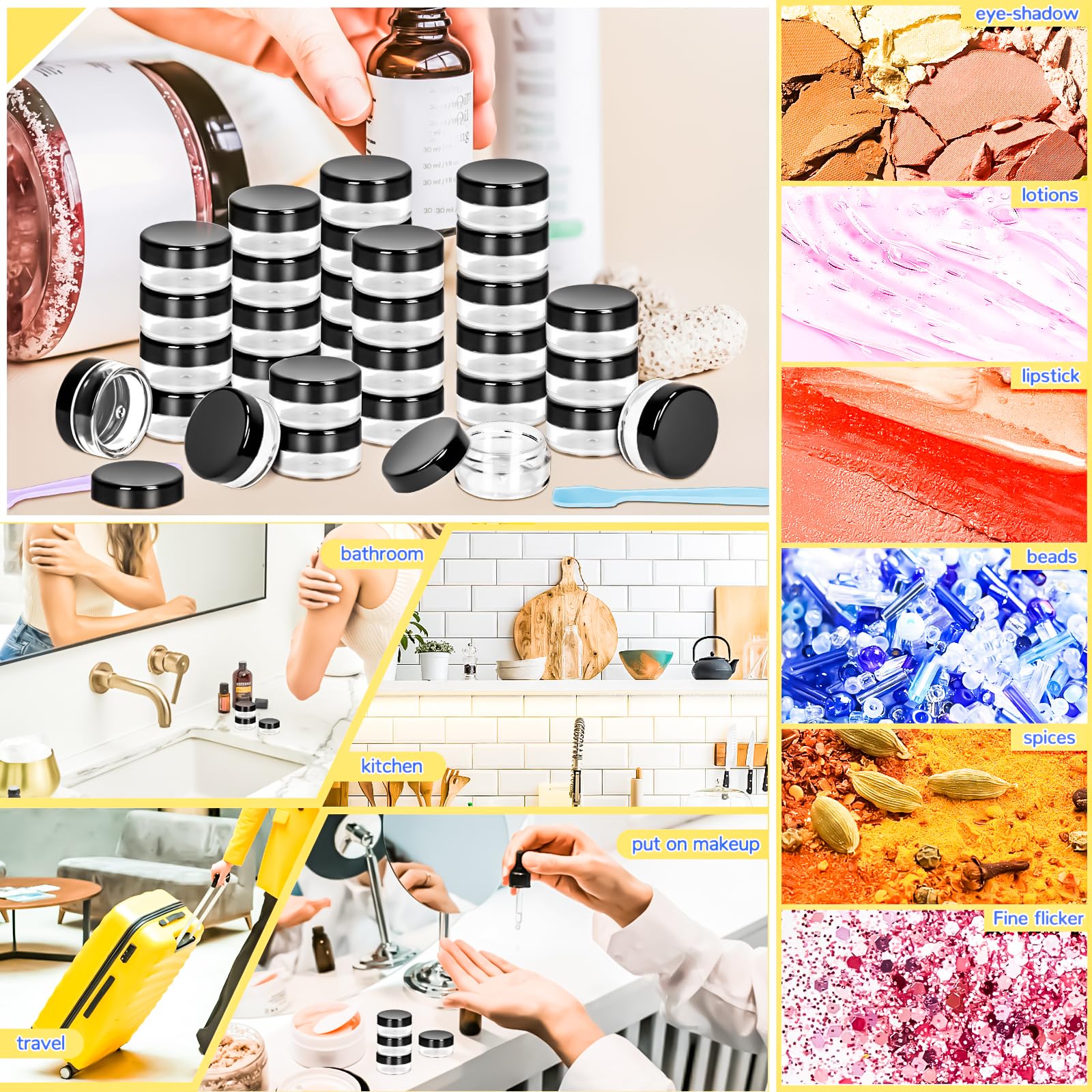 Motbach 100 Pcs Makeup Travel Containers With Lids, 3/5/ Gram Empty Plastic Containers With Lids, Makeup Sample Containers Cosme