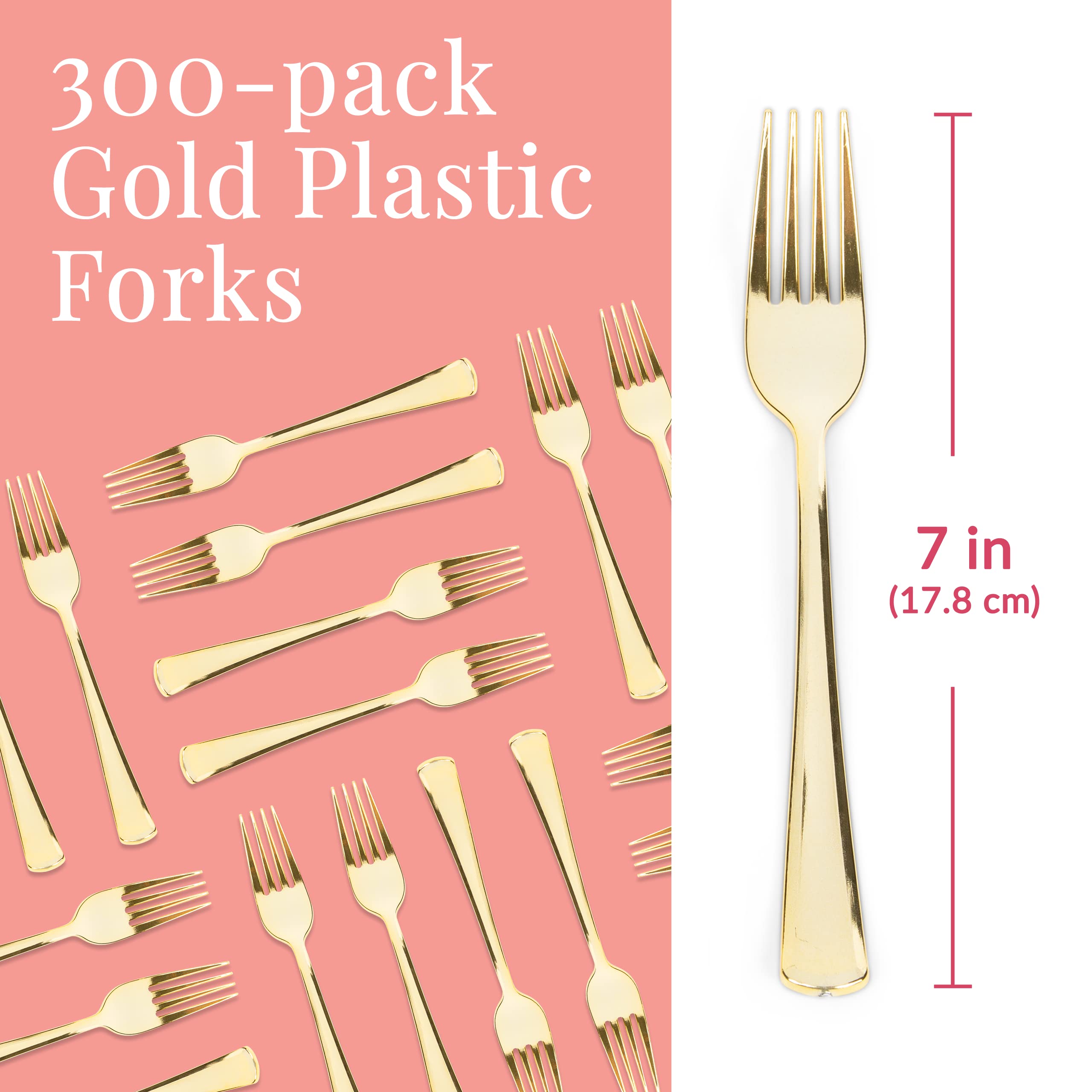 Prestee 300 Gold Plastic Forks Heavy-Duty, Heavyweight Plastic Silverware Forks, Fancy Plastic Cutlery, Elegant Disposable Forks