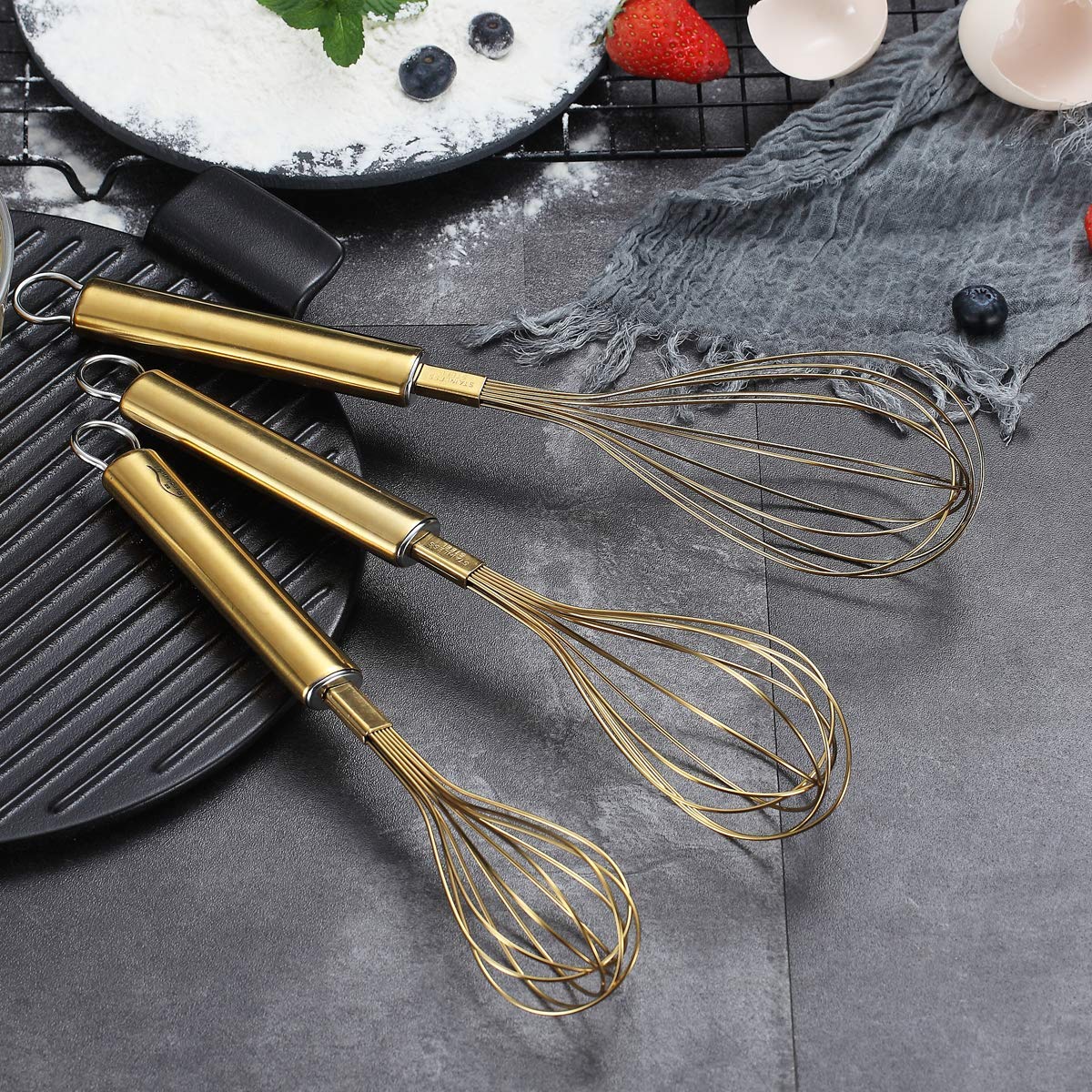 Berglander Gold Whisk Pack Of 3 Stainless Steel 8'',10'',12'', Titianium Plating Gold Whisks For Cooking, Beater,Wire Whisk Set