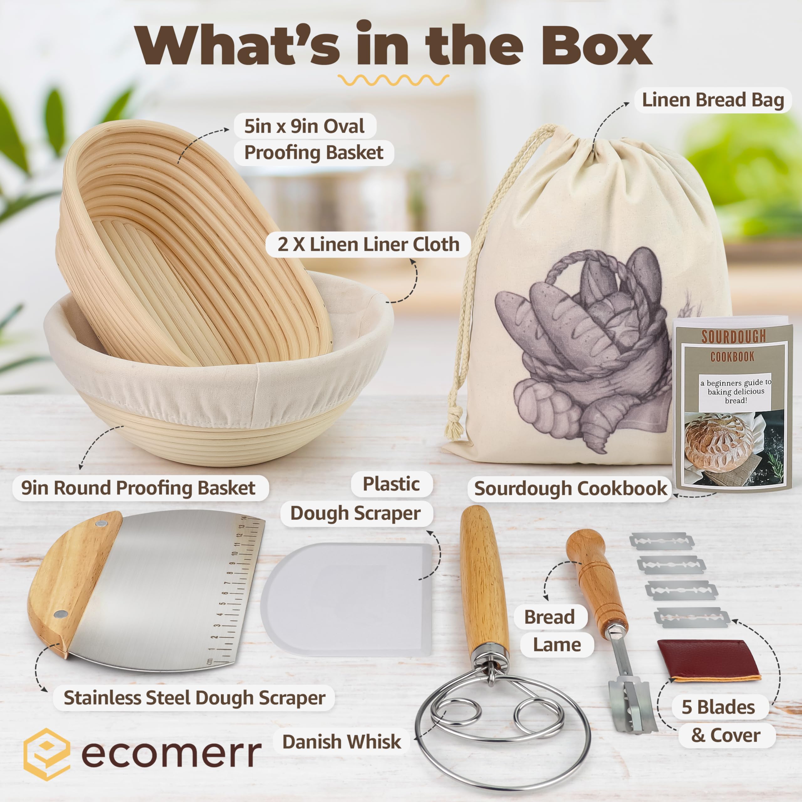 Ecomerr 9'' Banneton Bread Proofing Basket Set Of 2 - Round & Oval Rattan, Sourdough Starter Kit, Includes Lame, Dough Scrapers,
