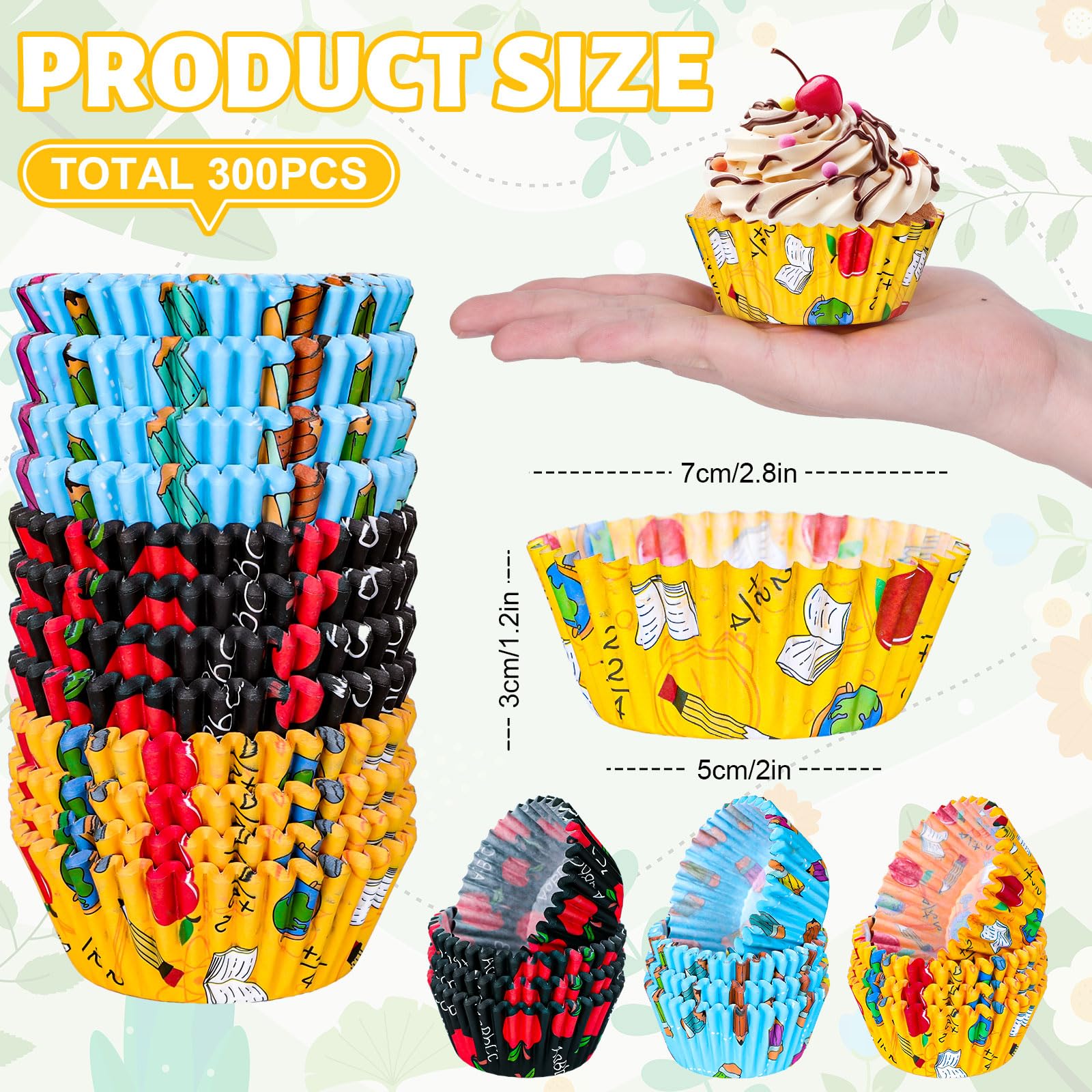 Jarthenaamcs 300Pcs Back To School Cupcake Liners Apples Pencil Baking Cups School Classroom Cupcake Wrappers Holders Muffin Lin