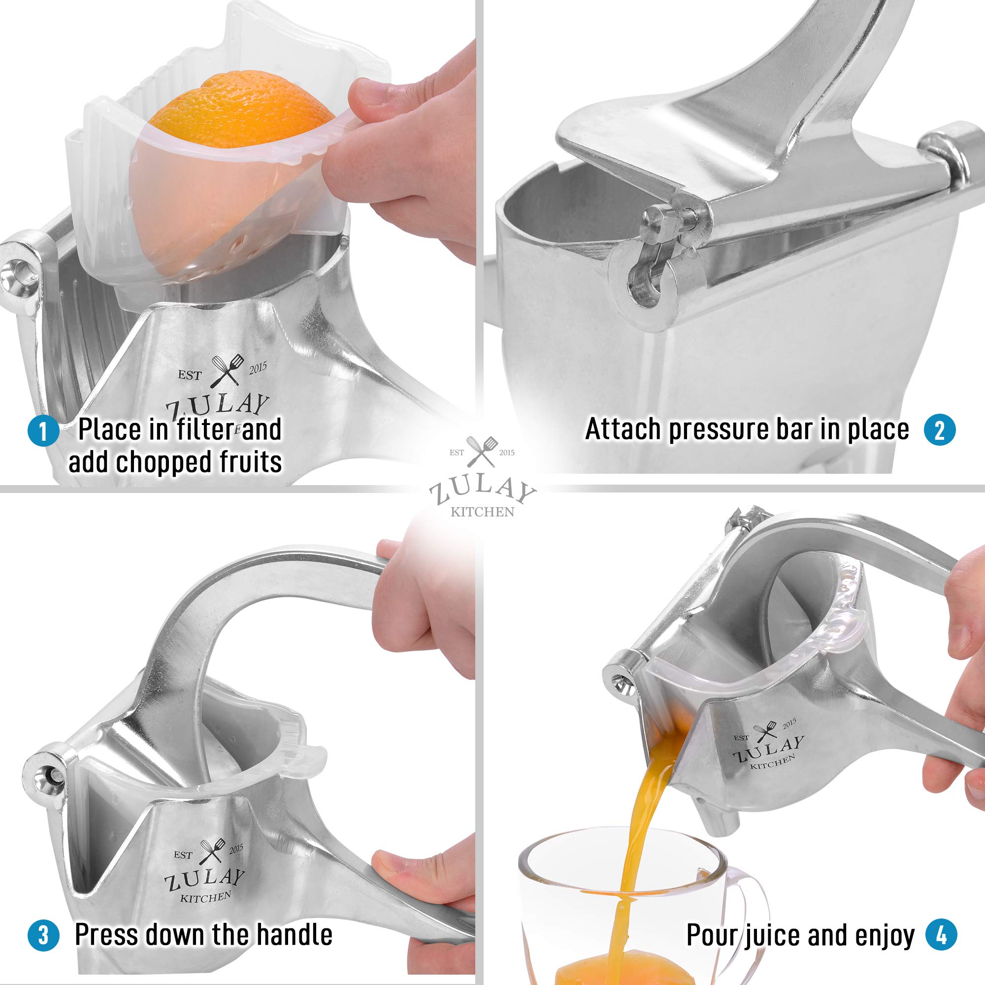 Zulay Fruit Manual Juicer- Heavy Duty Juice Press Squeezer With Detachable Lever & Removable Strainer - Fruit Press & Hand Juice