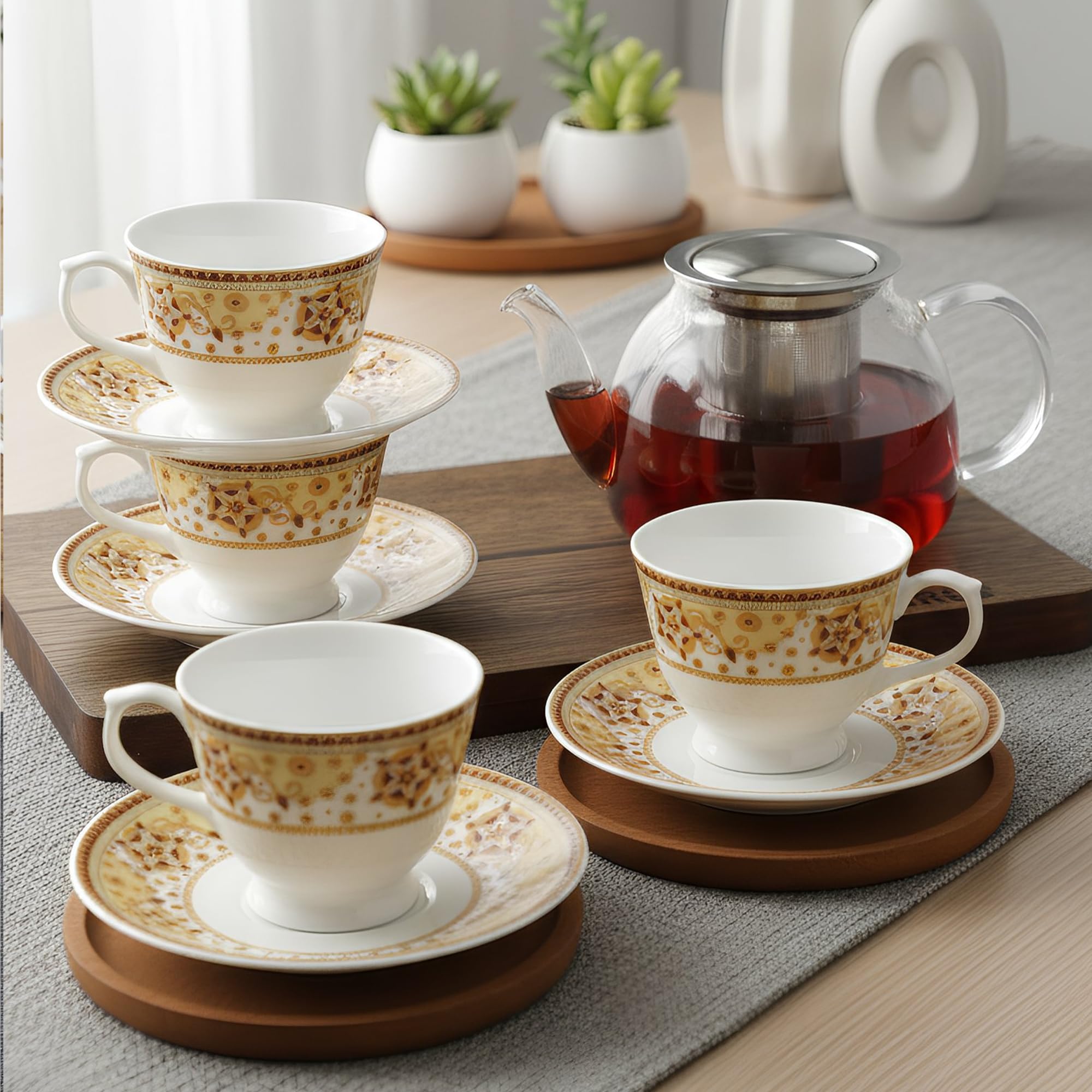 U.P.C. Toughened Glass Cup With Saucer Set Of 12 Pcs (Cup White36)
