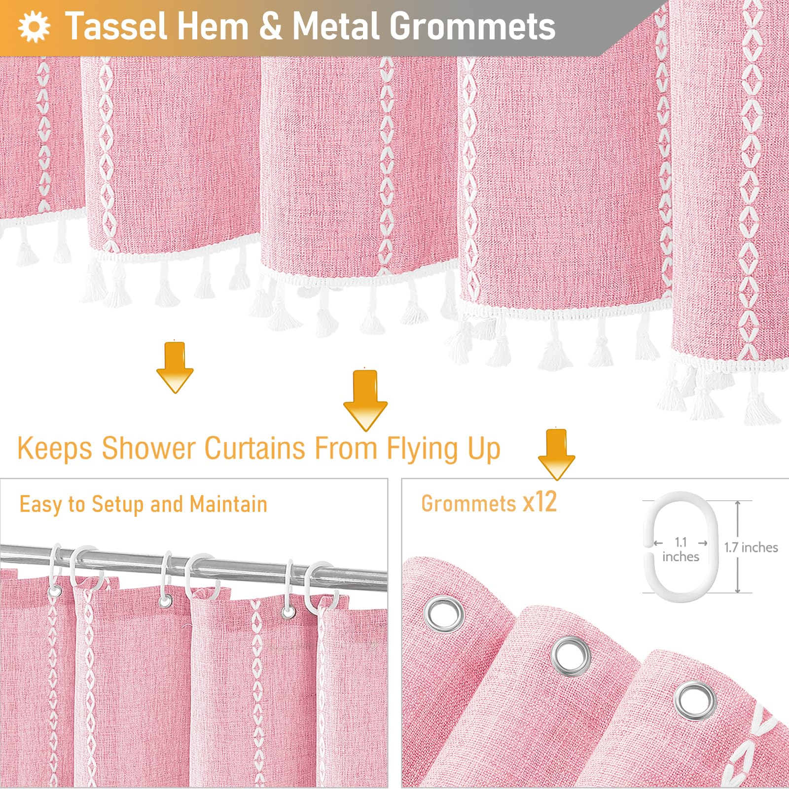 Bttn 78 Inch Long Shower Curtain - Pink Girly Boho Linen Striped Tassel Fabric Shower Curtain Set, Tall Modern Farmhouse Vintage