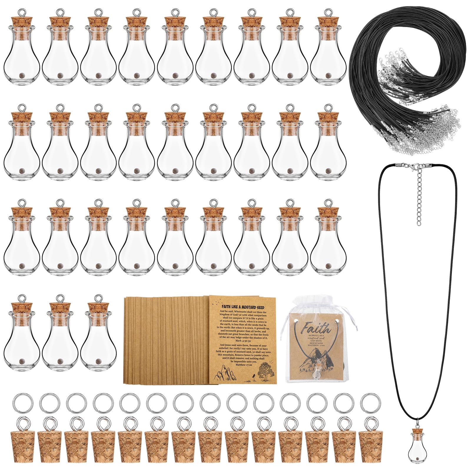 Teenyyou 50/100 Set Mustard Seed Faith Necklace Christian Gifts for Woman DIY 0.5ml Mini Glass Jars Craft Necklace with Christia