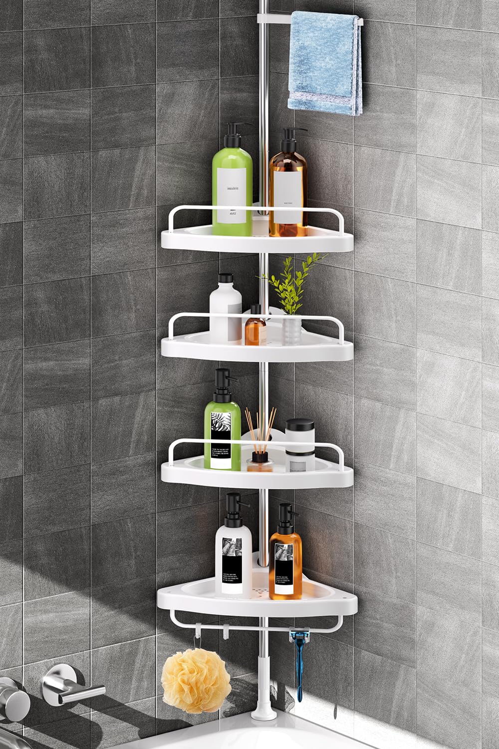 Corner Shower Caddy Tension Pole: Adjustable Stainless Steel Shower Organizer with 4 Tier Shelf for Bathroom Bathtub Tub Shampoo - Floor Standing Rack Bath Storage Holder with Rust Proof Rods