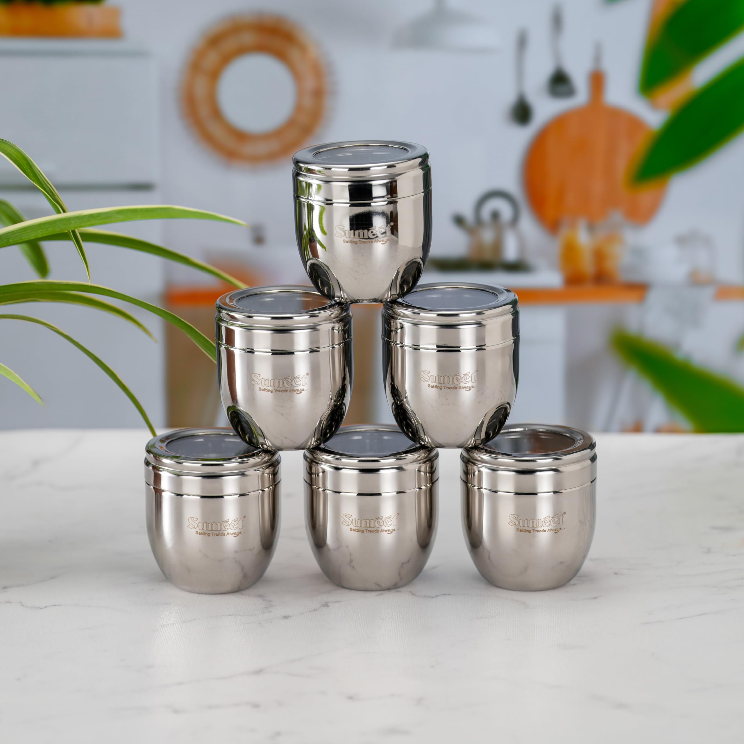 Sumeet Stainless Steel Conical Shape Canisters/Dabba/Storage Containers For Kitchen With See Through Lid, Set Of 6 Pcs, 250Ml Ea