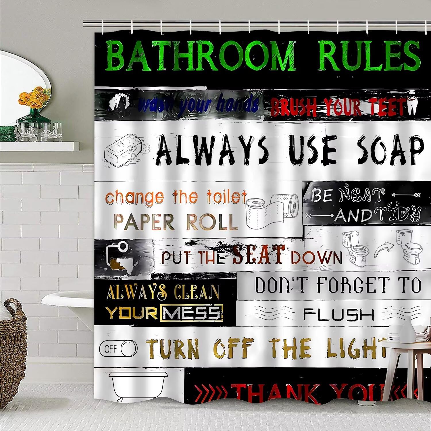 Azhm Letter Plank Pattern Shower Curtain Set For Bathroom 4 Pcs Black Bathroom Accessory Decor Sets With Shower Curtain And Rugs