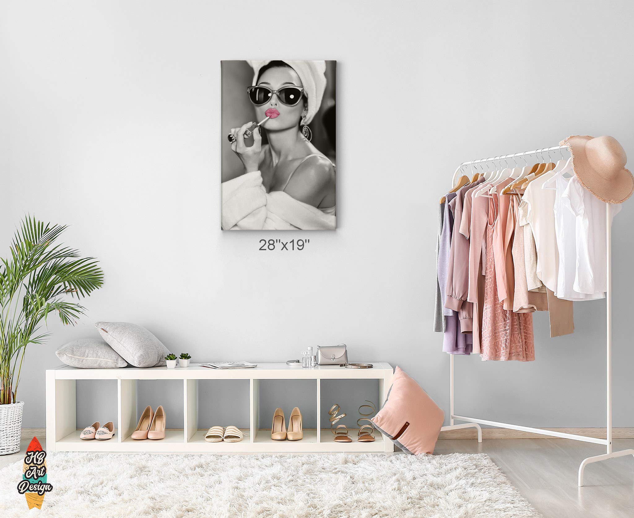Hb Art Design Audrey Hepburn Style Wall Art Pink Lips Canvas Print Lipstick Makeup Iconic Pop Art Glam Fashion Black And White W