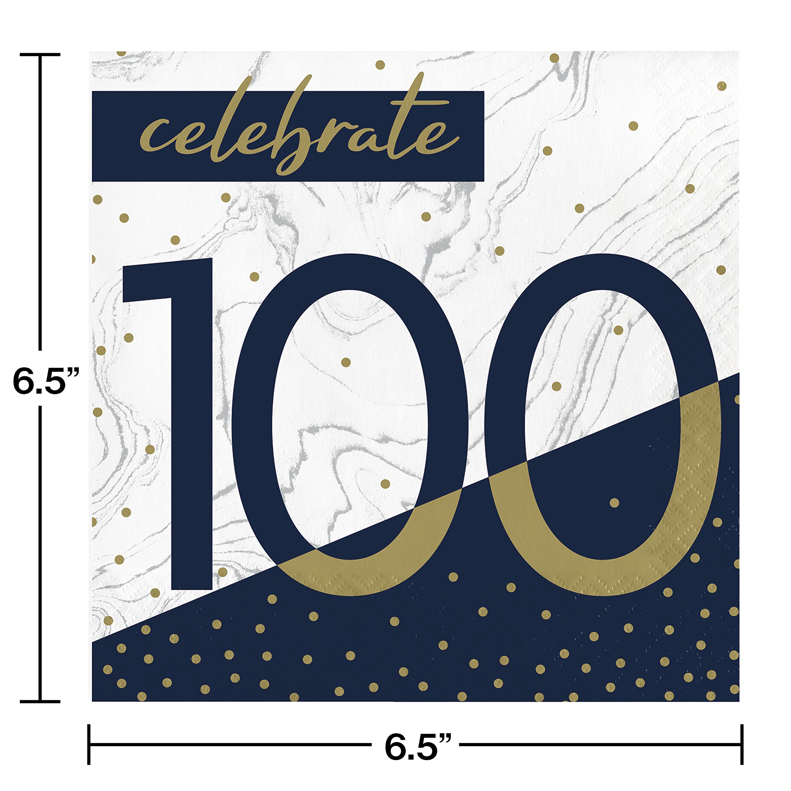 Creative Converting Navy And Gold 100Th Birthday Napkins, 6.5''