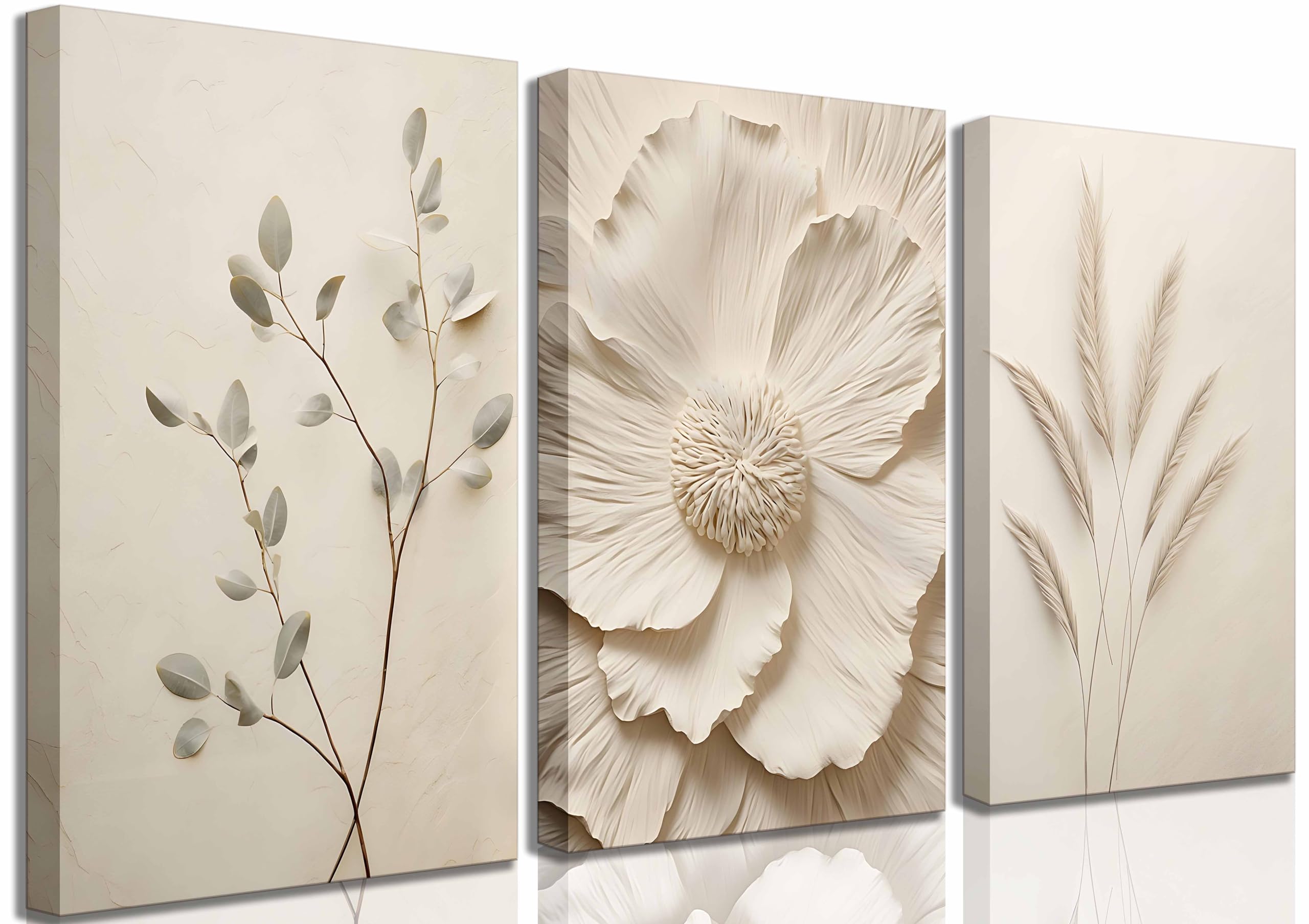 3Pcs Neutral Beige Floral Plant Canvas Wall Art Textured Flower Botanical Painting Picture Wall Decor Vintage Blossom Poster Pri