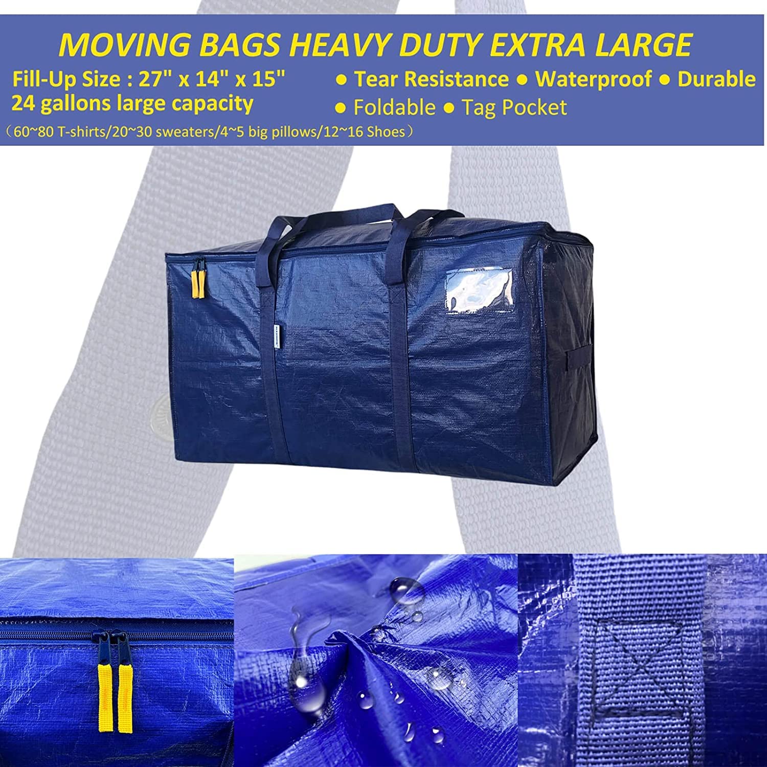 AlexHome Easy Moving Bags Heavy Duty 8 Pack  Extra Large Packing Bags for Moving Stroage Bags for moving Large Moving Bags for Clothes Strong Durable Moving Bags with Handles Moving Bags Moving Supplies for Space Saving Moving Storage (Blue Set of 8)