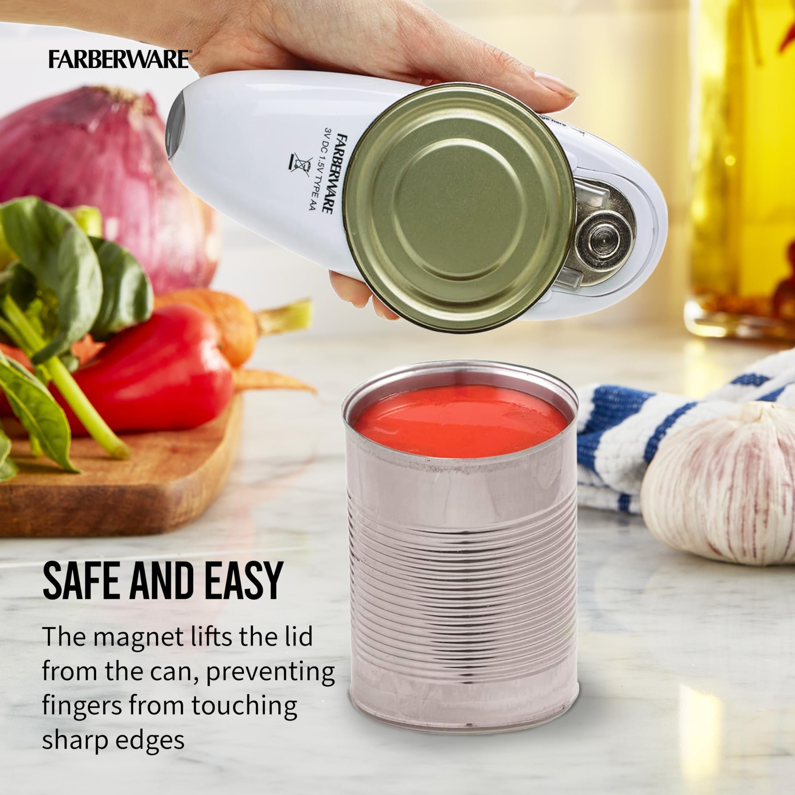 Farberware Compact Battery Operated Hands-Free Automatic Can Opener For Any Size Can With Magnet To Safely Remove Lid, Seamless