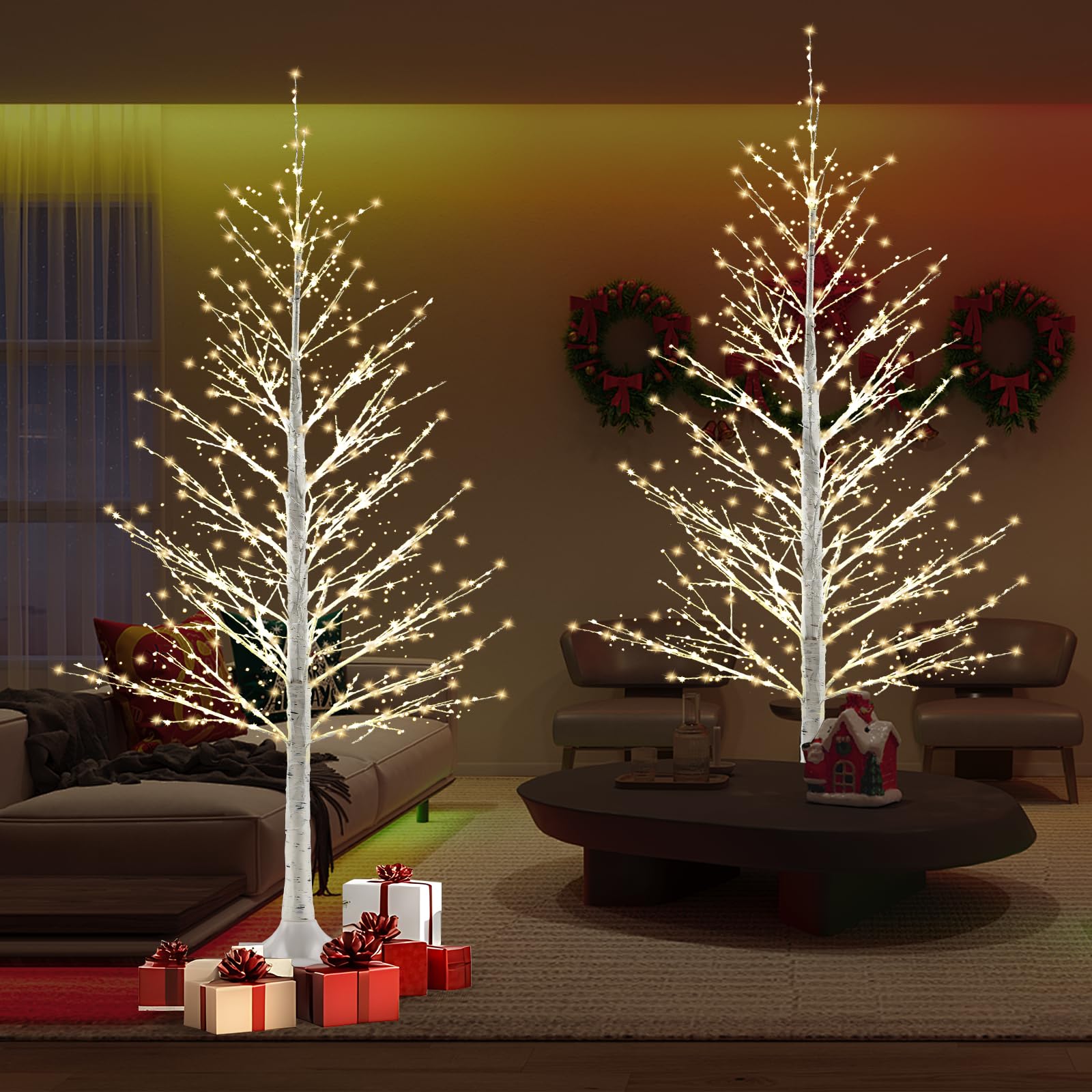 Set of 2-4 FT Lighted Birch Tree with 500 Warm White LEDs, Prelit Christmas Tree with Twinkle Lights, LED Birch Tree with Timer