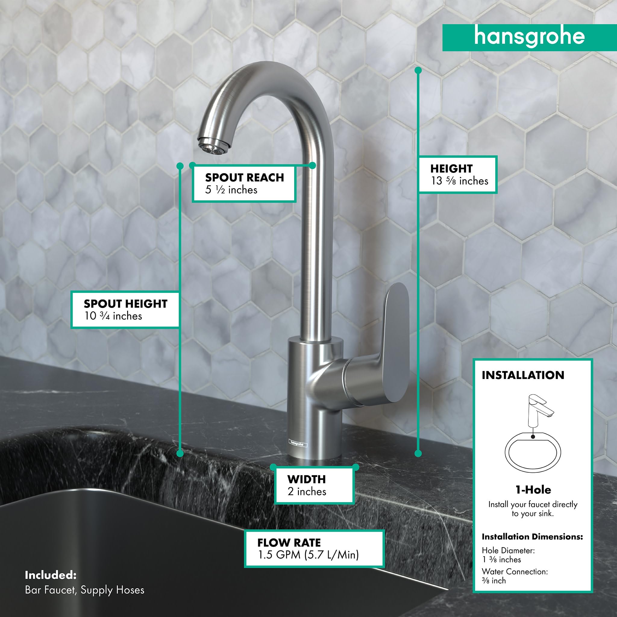 Hansgrohe Focus Stainless Steel Bar Kitchen Faucet, Bar Sink Faucet Single Hole, Faucet For Kitchen Sink, Stainless Steel Optic