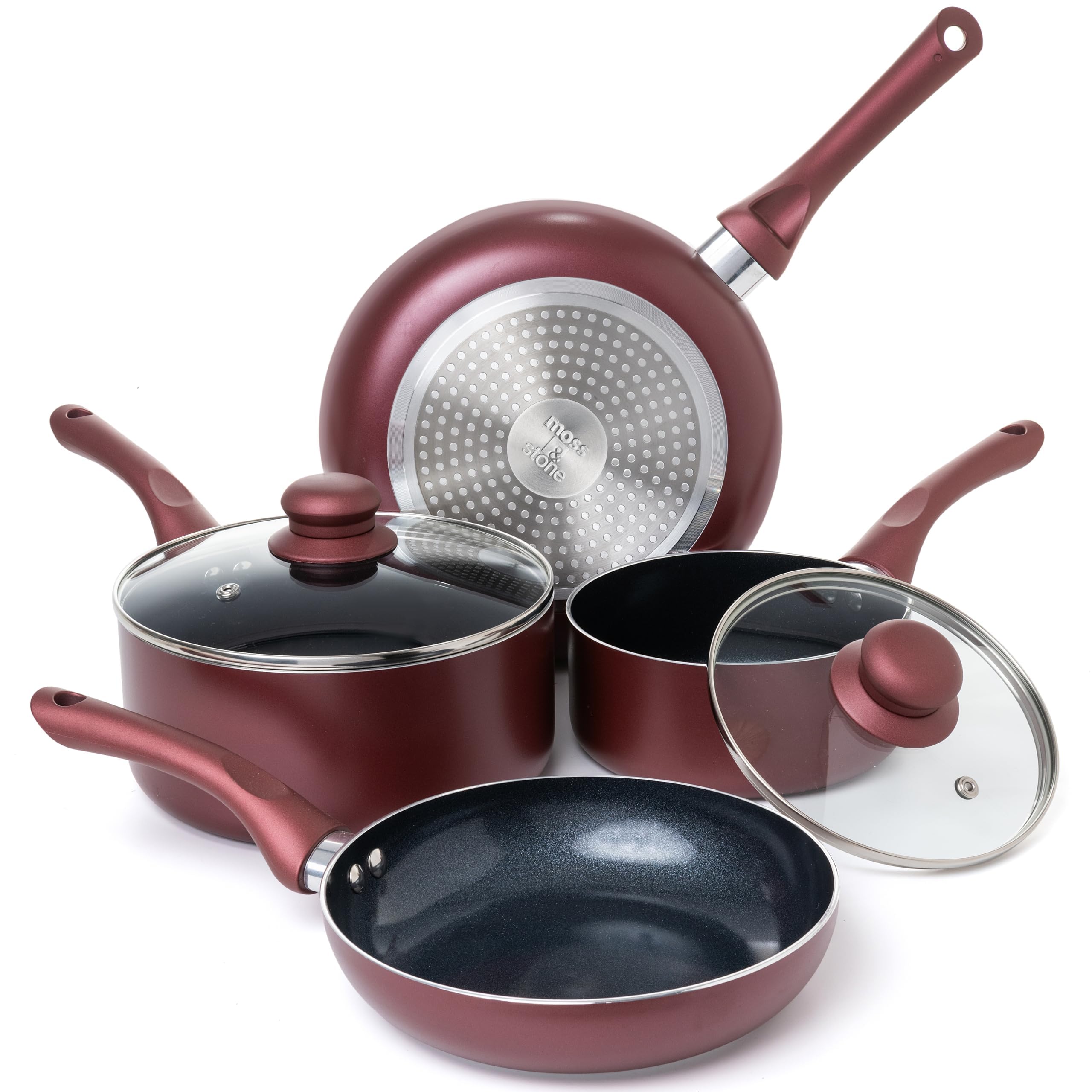 Moss & Stone 6 Piece Pots and Pans Set Non Stick - Nonstick Cookware Set with Glass Lids, Stay-Cool Handles, PTFE/PFOA Free, Alu