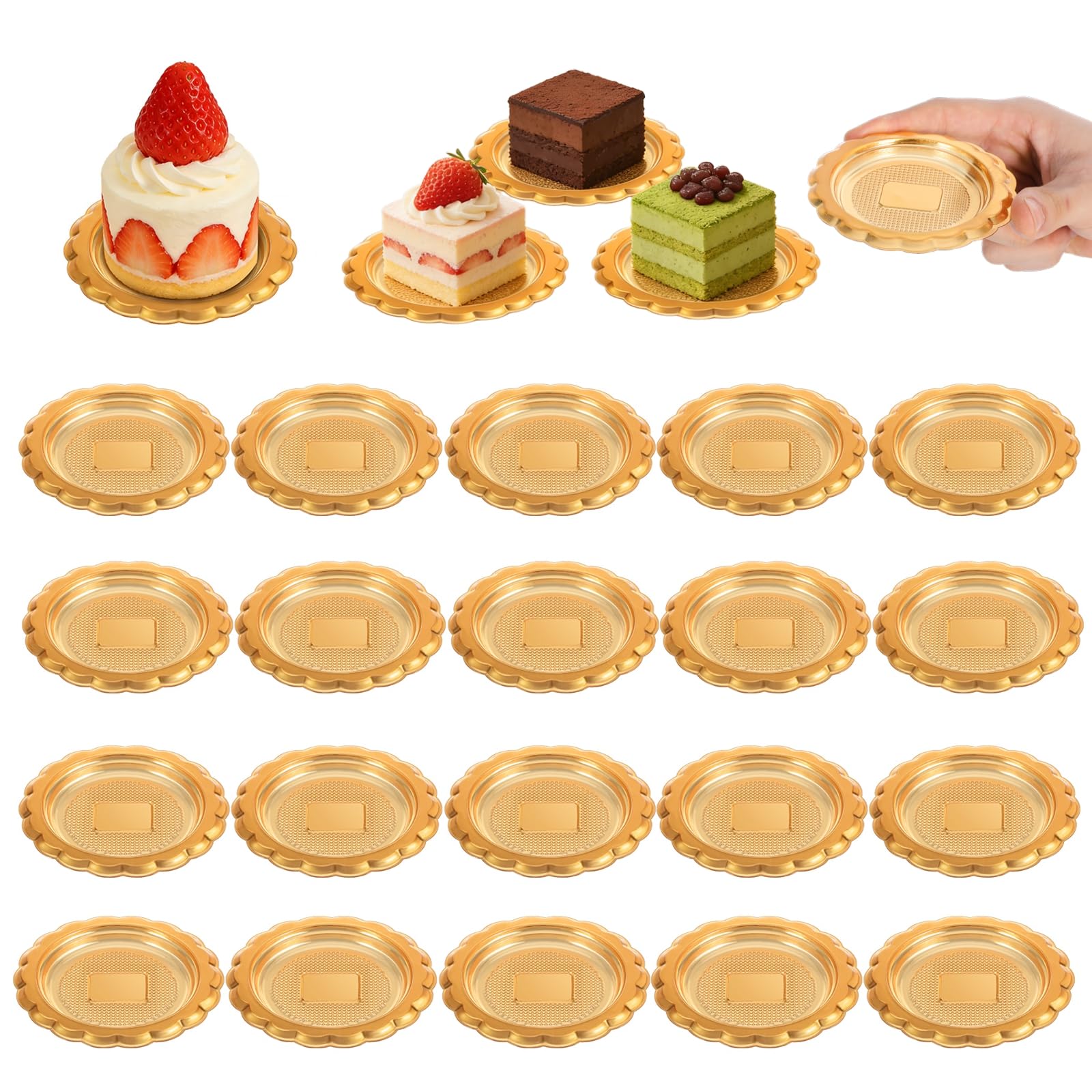 20 Pcs Mini Dessert Plates 2.5 inch Gold Cake Boards Round Plastic Cupcake Trays for Flan, Mousse Cake Pastry Display, Serving D