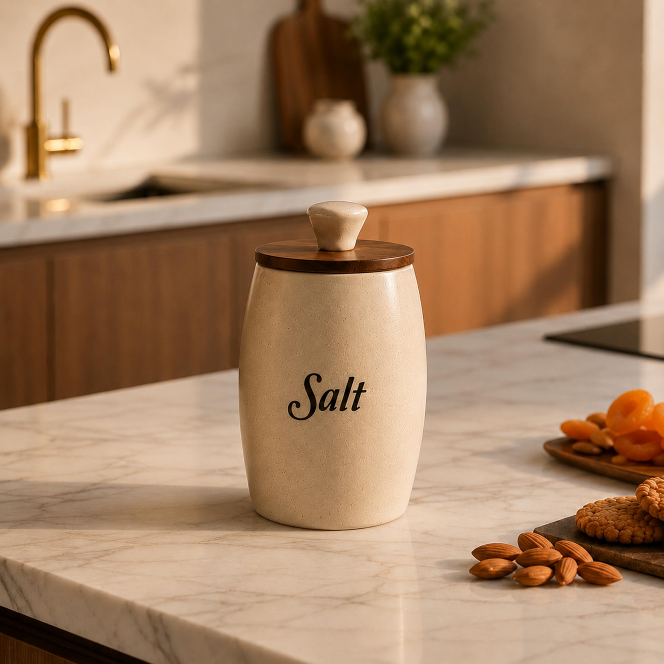 Craftshila Ceramic Salt Container With Wooden Lid | Jar & Container For Kitchen Storage Set | Multi Utility Air Tight Kitchen Or