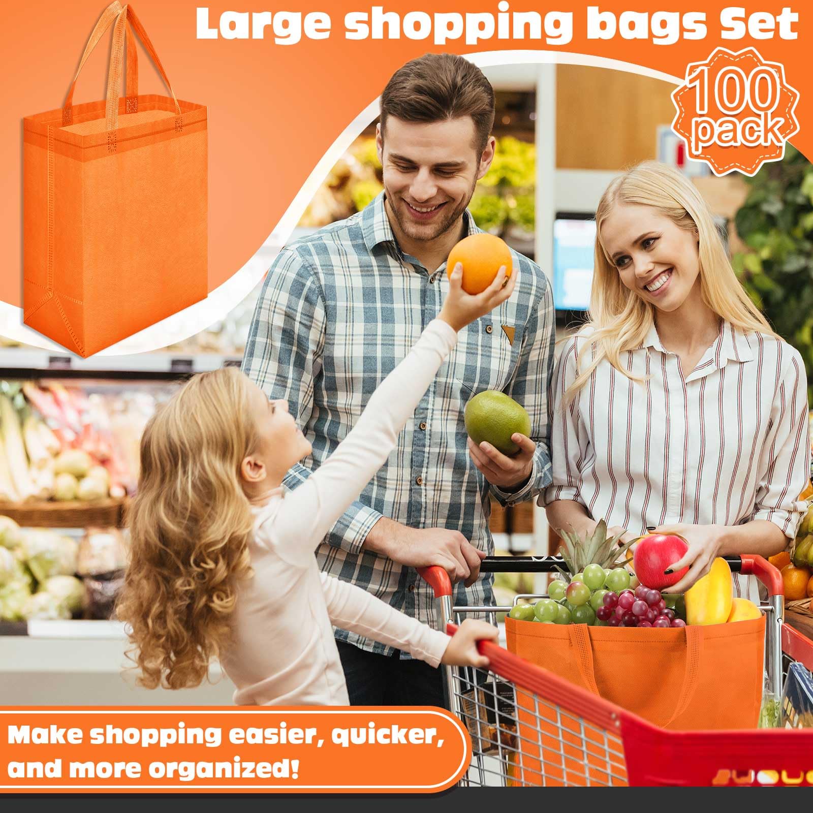 Windyun 50 Pcs Reusable Tote Bag Bulk 8 x 4 x 10 Inch Non Woven Shopping Bag with Handle Christmas Reusable Grocery Gift Tote(Or