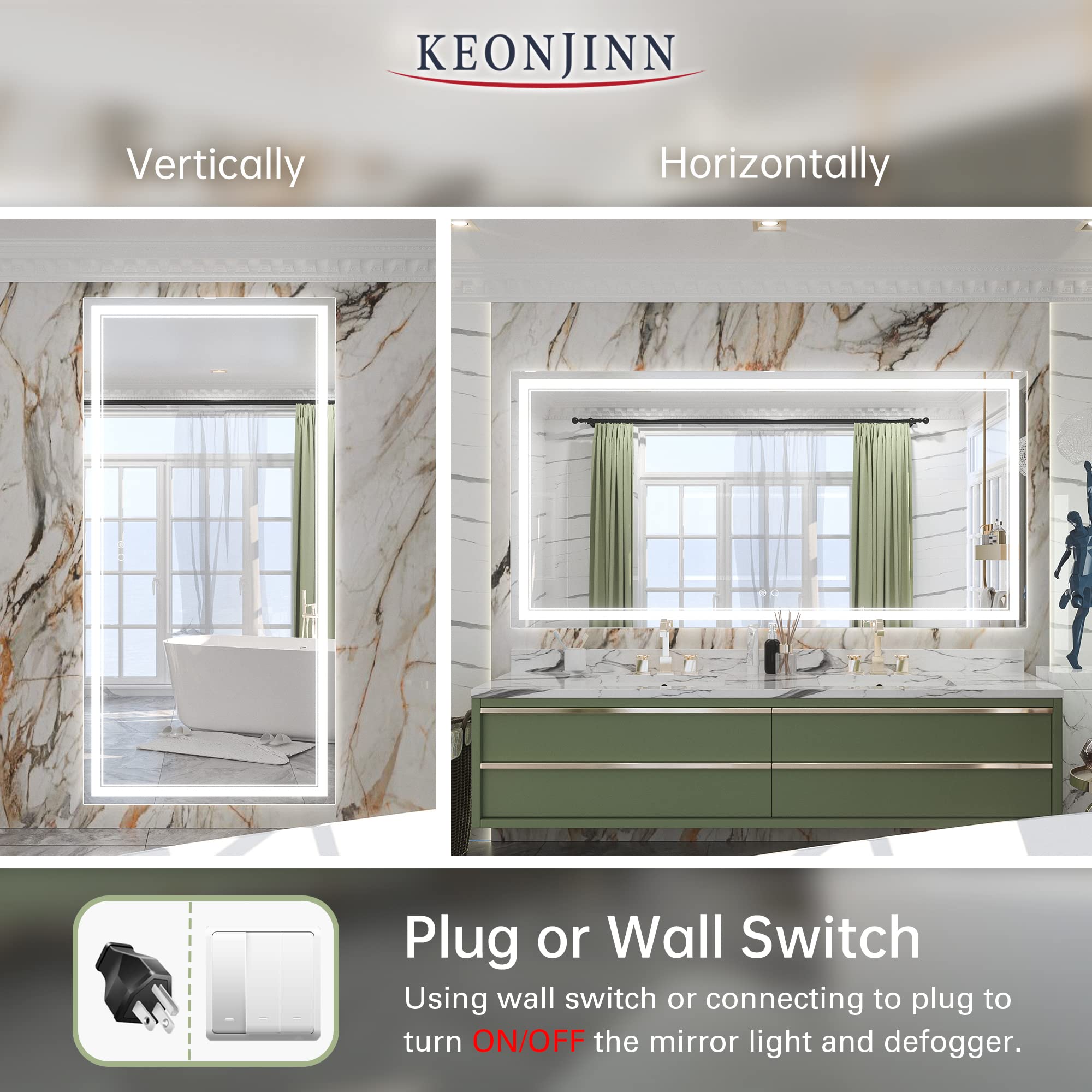 Keonjinn 72 x 36 Inch LED Bathroom Mirror with Lights  Lighted Vanity Mirror  Wall Mounted Anti-Fog Dimmable Memory Brightness Front lit Makeup Mirrors  IP54 CRI 95+ Shatterproof(Horizontal/Vertical)