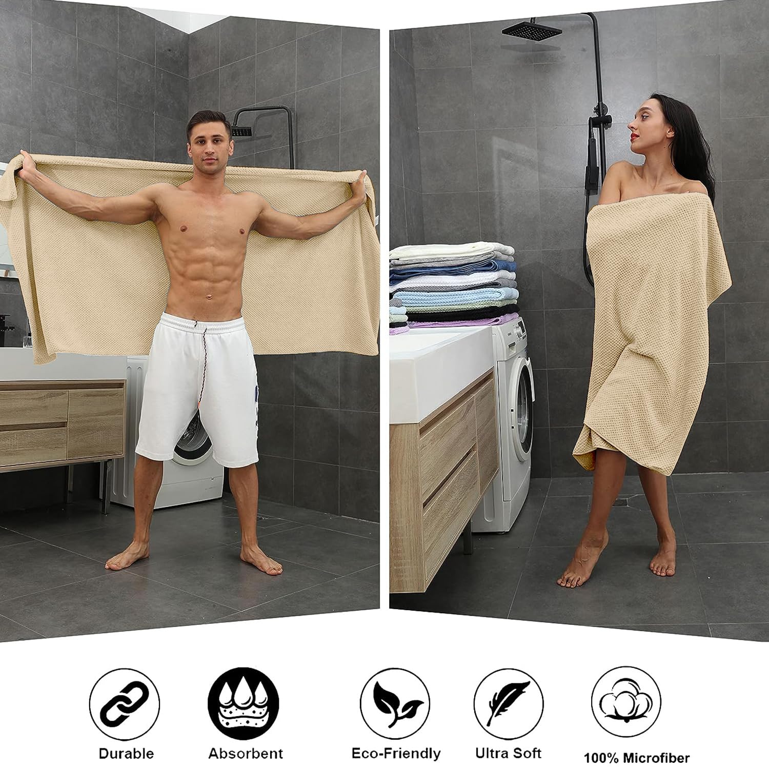 8-Piece Bath Towel Set  2 Extra Large Bath Towel Sheets  2 Hand Towels and 4 Washcloths - Highly Absorbent Quick Dry Microfiber Ultra Soft Towel Set for Bathroom  Waffle Weave  Pack of 8 (Camel)