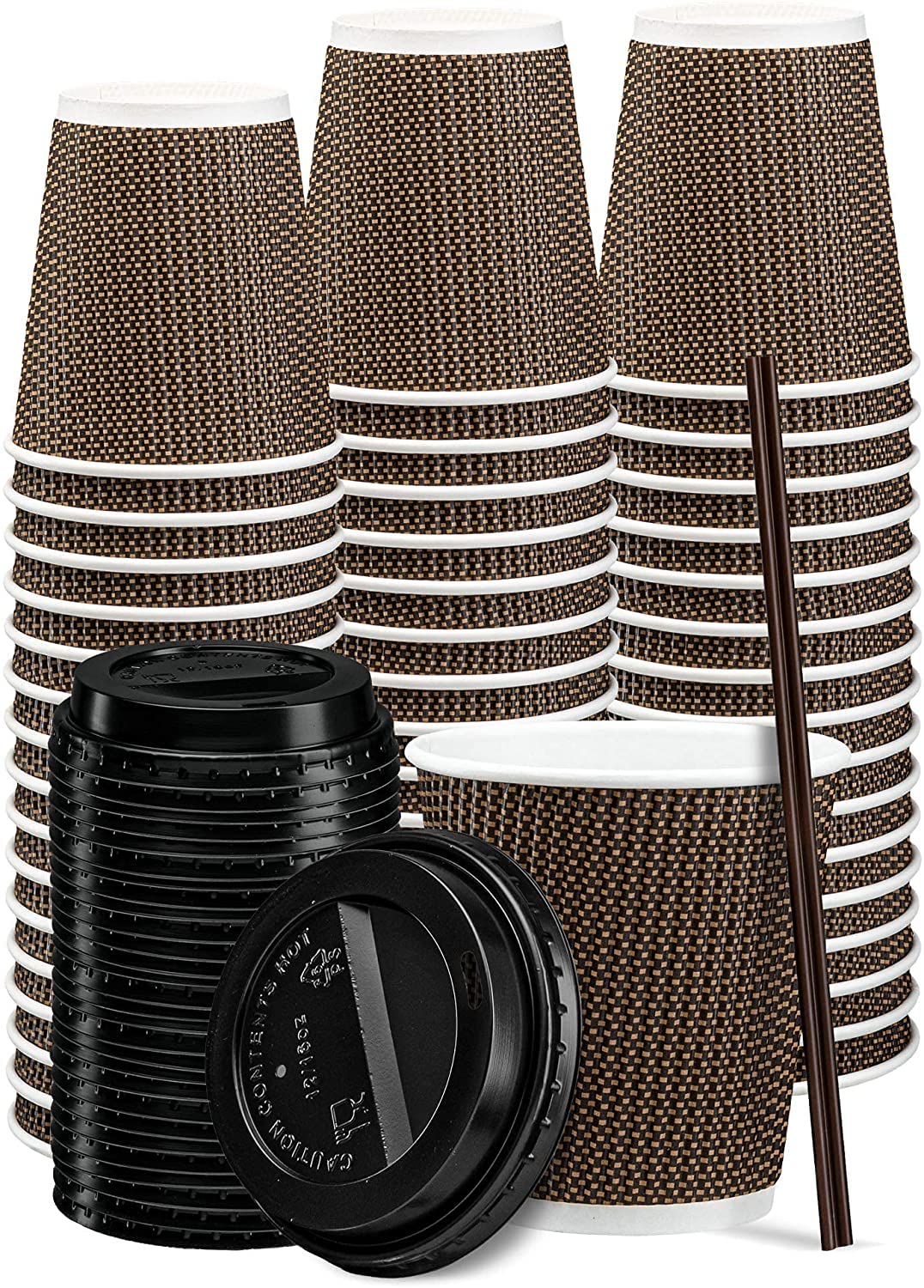 [50 Sets - 10 oz.] Insulated Brown Patterned Ripple Paper Hot Coffee Cups With Lids (Lids Color May Vary)