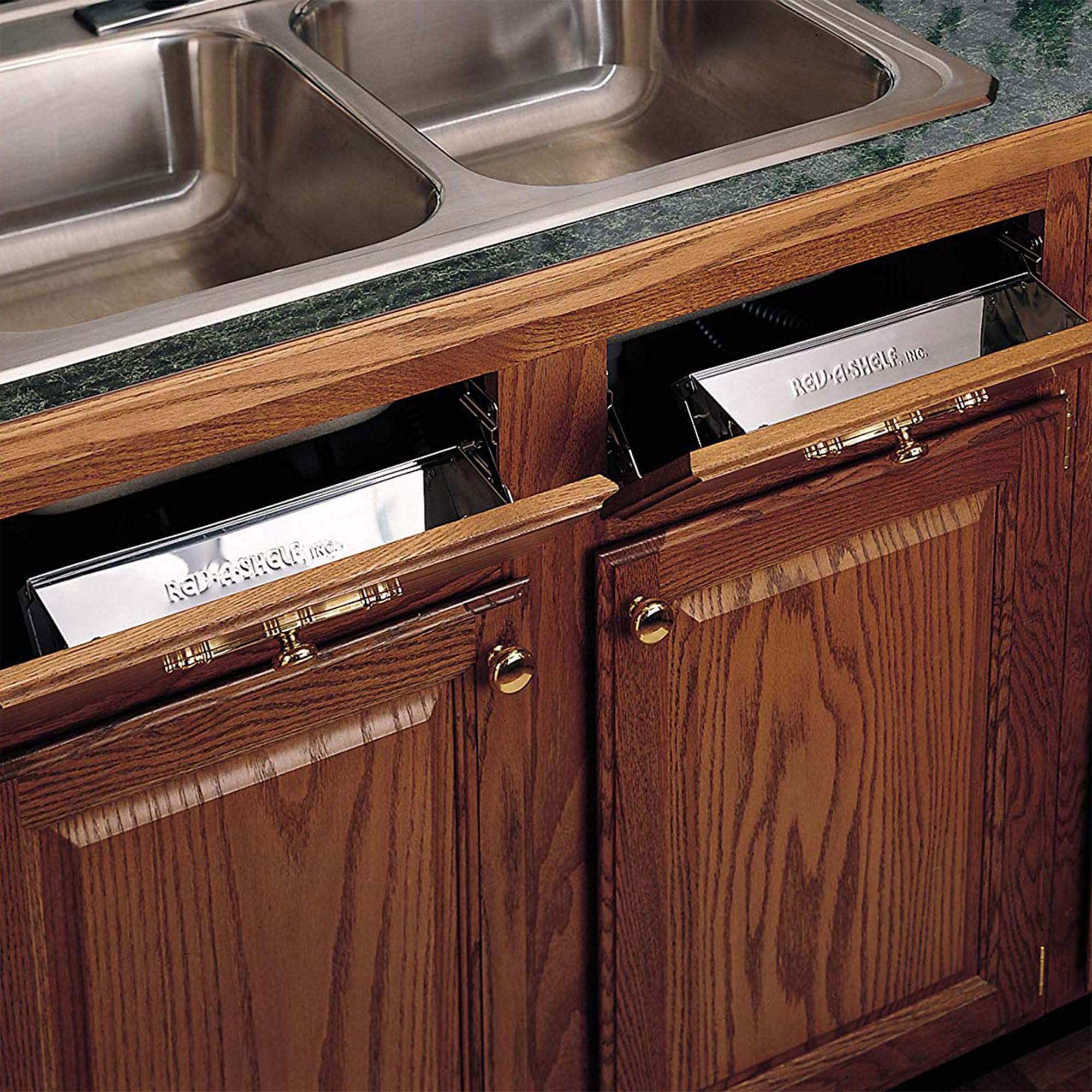 Rev-A-Shelf 19'' Slim Tip-Out Sink Tray For Kitchen And Bathroom Base Cabinets, Large Pull Out Stainless Steel Storage Organizer