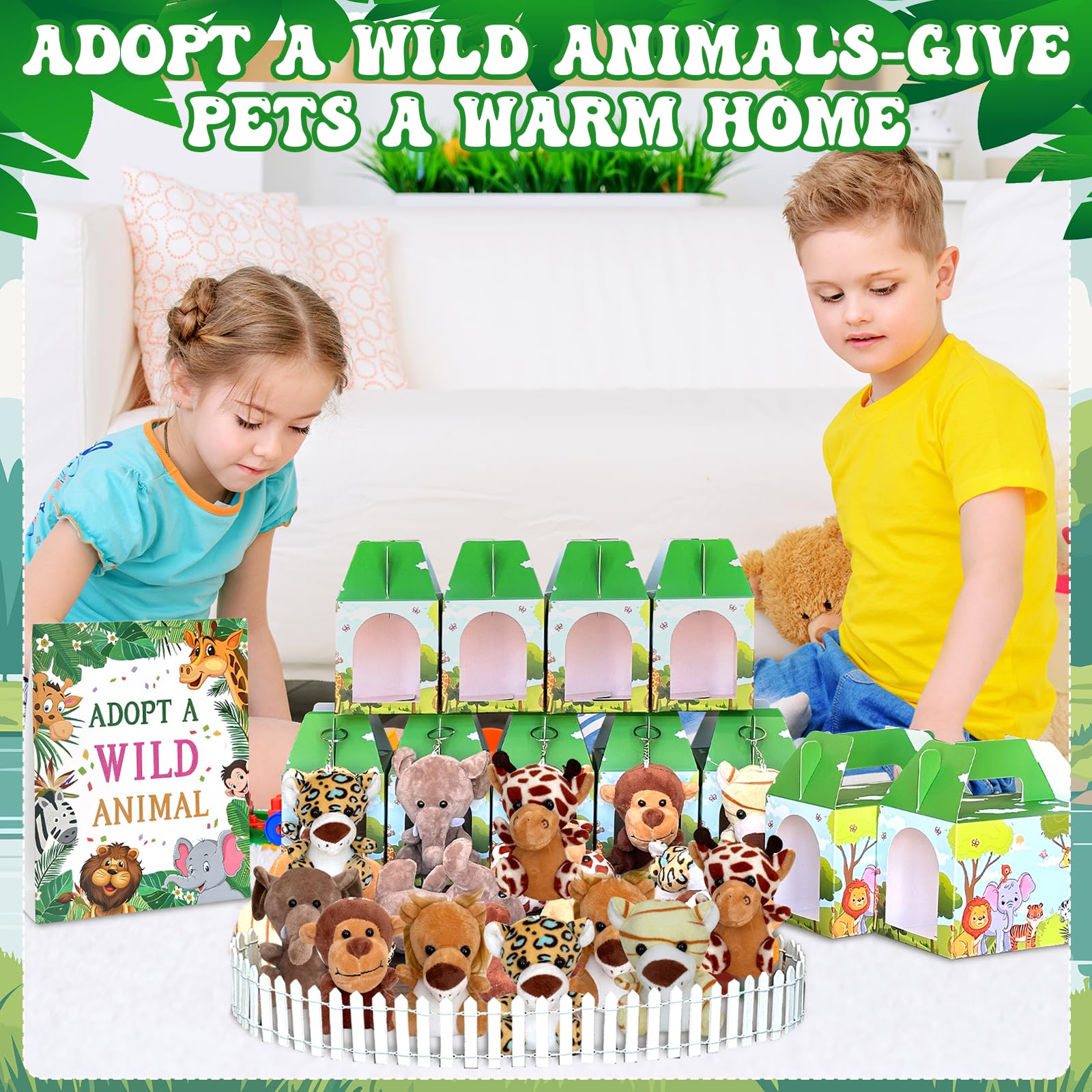 38 Pcs Safari Jungle Party Favors Include 12 Foldable Paper Boxes 12 Forest Mini Stuffed Animals 12 Adoption Cards 1 Adoption Si