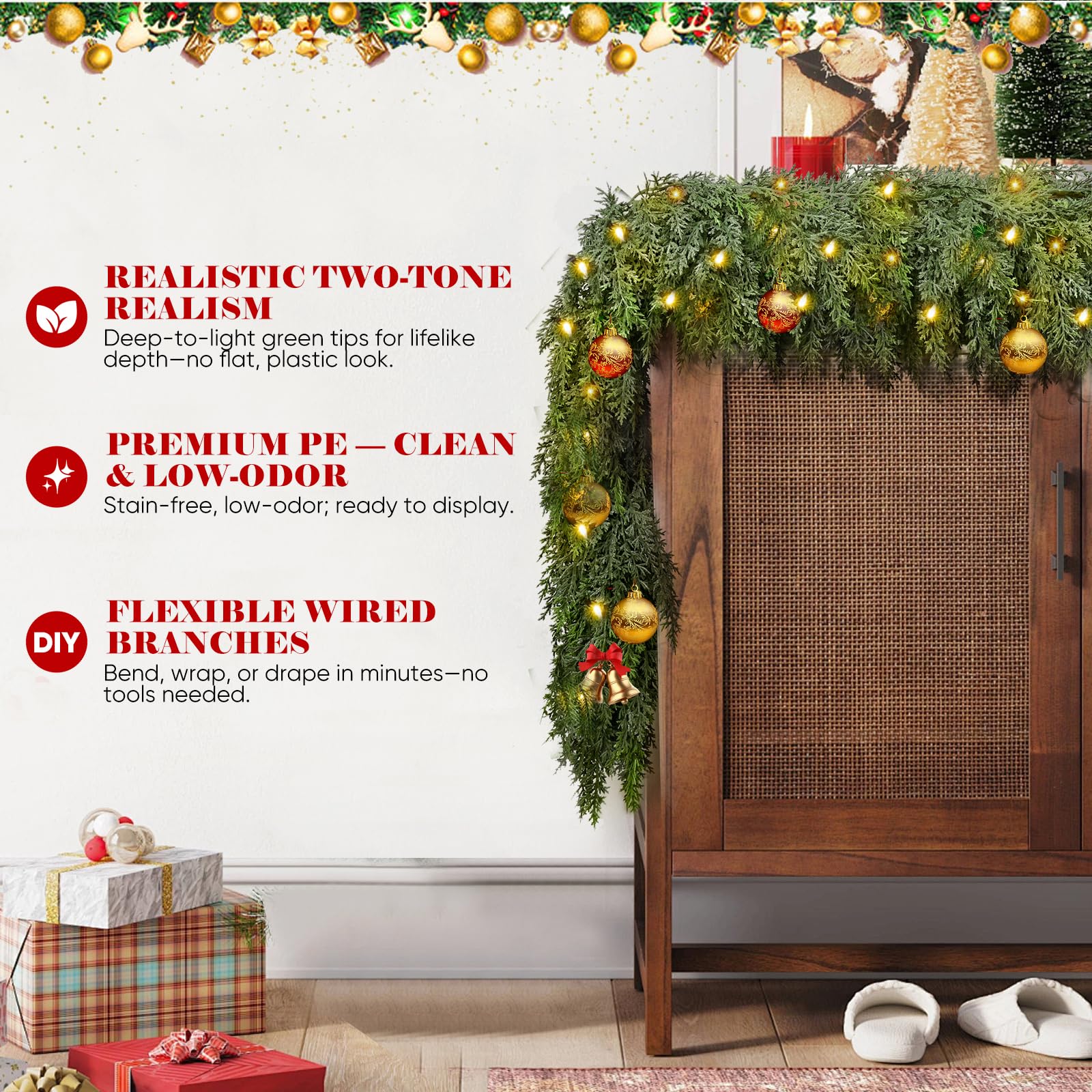 9FT Thick Pre-lit Christmas Garlands with 240 Cedar Branches, 50 Lights, Green Cedar Garland for Christmas Decorations, Artifici