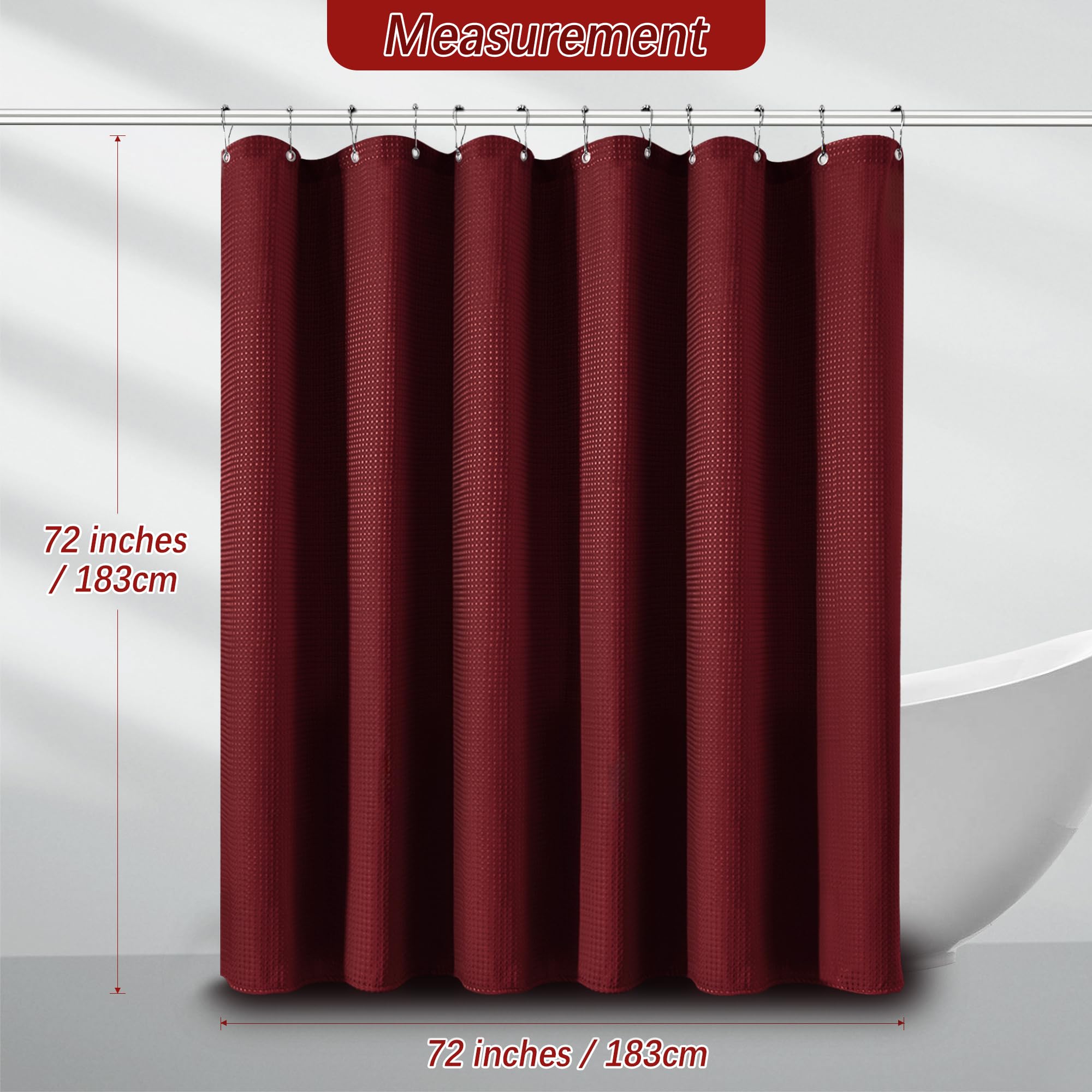 Pangsinne Elegant Burgundy Fabric Shower Curtain - Waffle Textured Heavy Duty Cloth Curtains For Bathroom, 256Gsm Hotel Spa Luxu