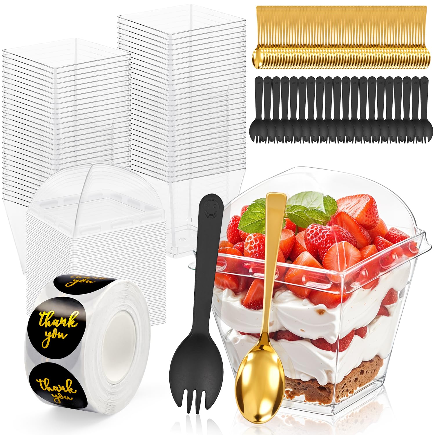 3oz Dessert Cups with Lids,Gold Spoons &Sporks, 60Pack Plastic Parfait Cups