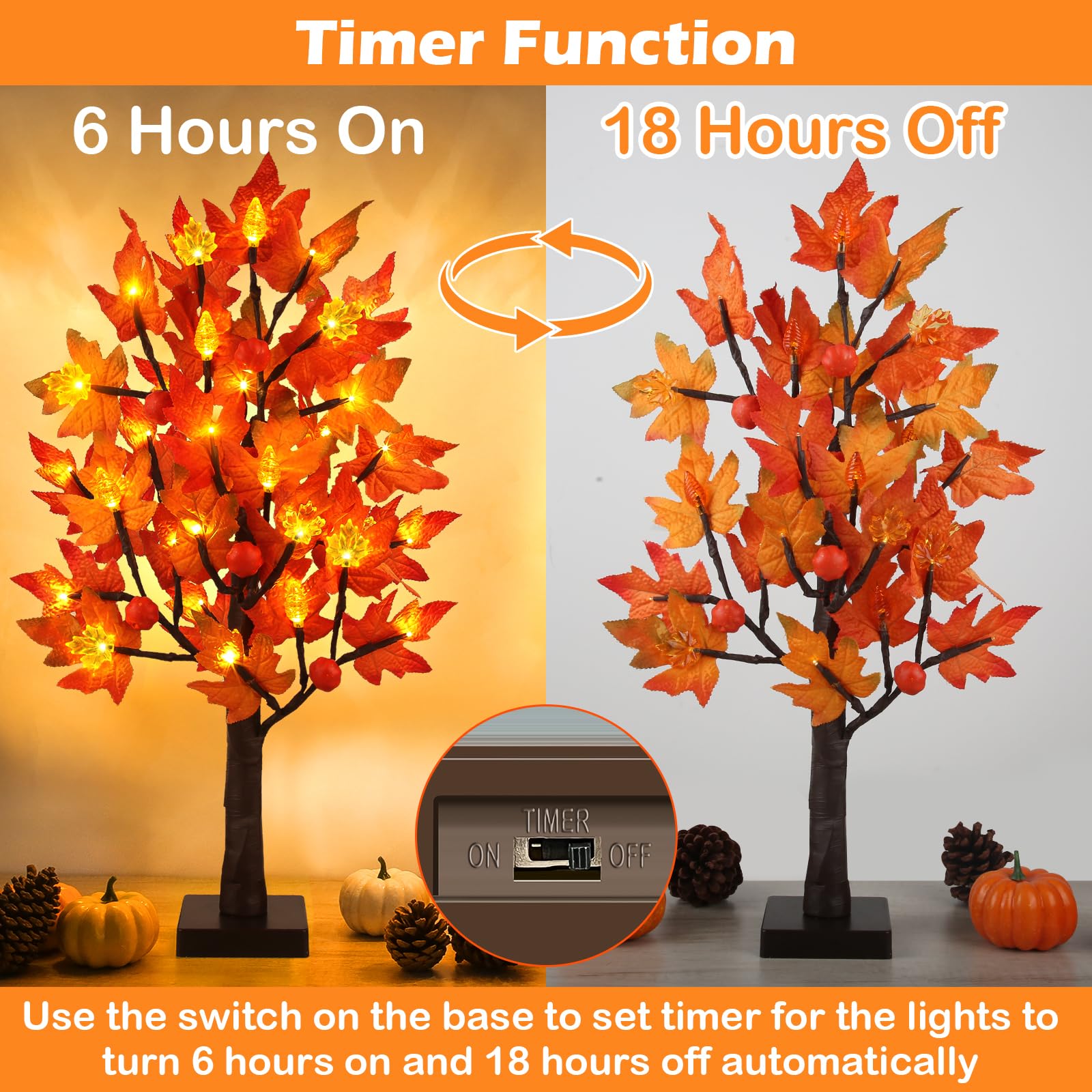 2 Pack 24 Inch Prelit Fall Maple Tree Decorations with 48 LEDs Timer Fall Battery Operated Light Up Artificial Pumpkin Acorn Lig