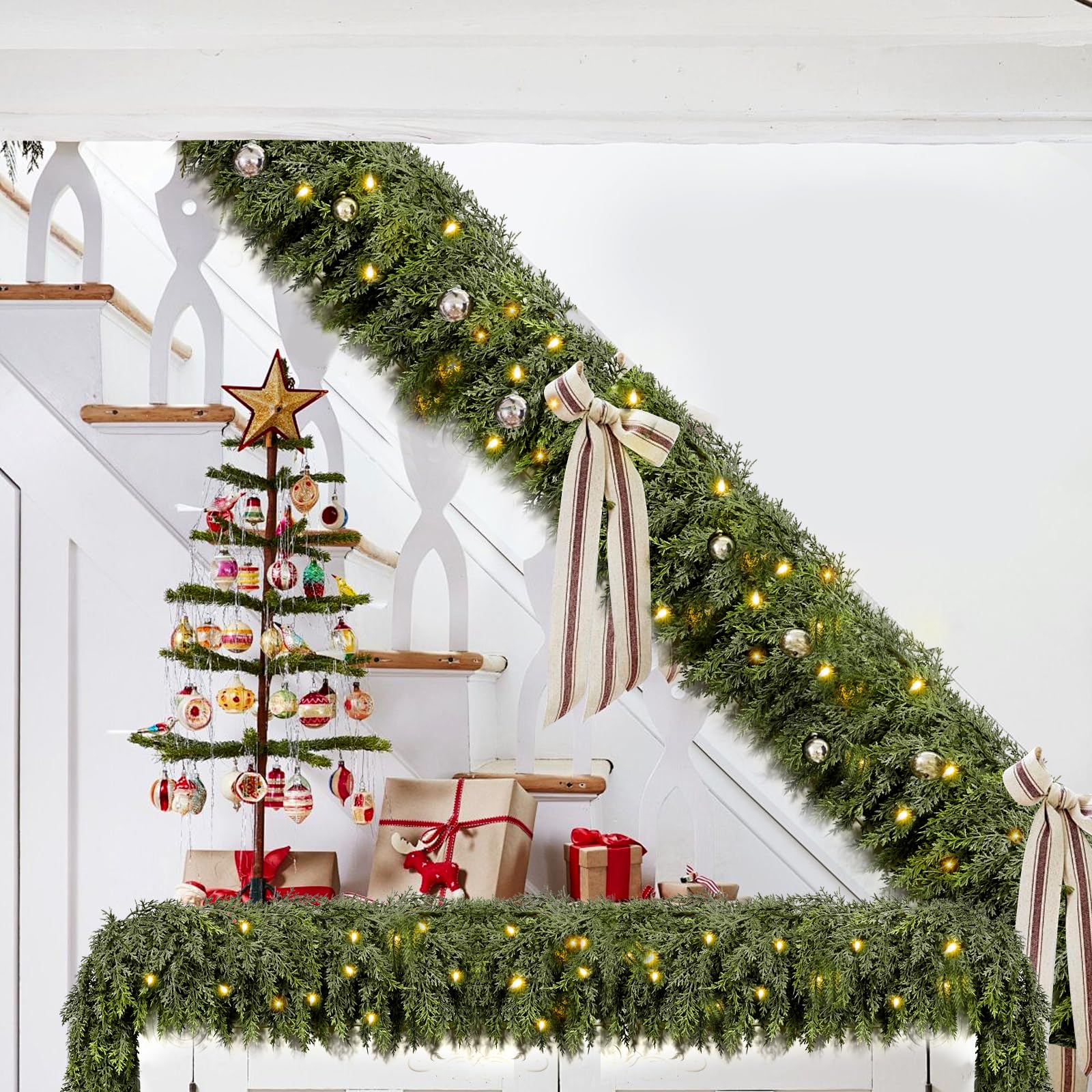 6FT Pre-lit Thick Christmas Garland with 30 Lights, Full 168 Branches, Green Cedar Garland for Christmas Decorations, Artificial