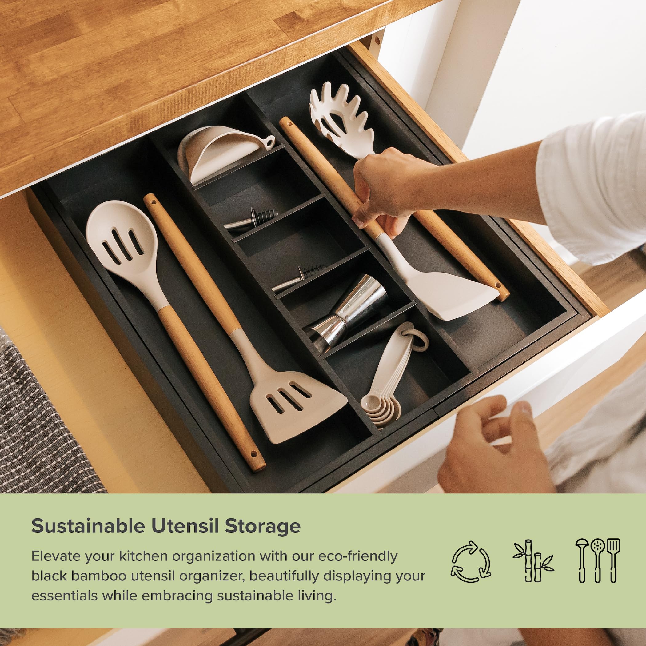 Kitchenedge Adjustable Kitchen Drawer Organizer For Utensils And Junk, Expandable To 33 Inches Wide, 9 Compartments, 100% Bamboo