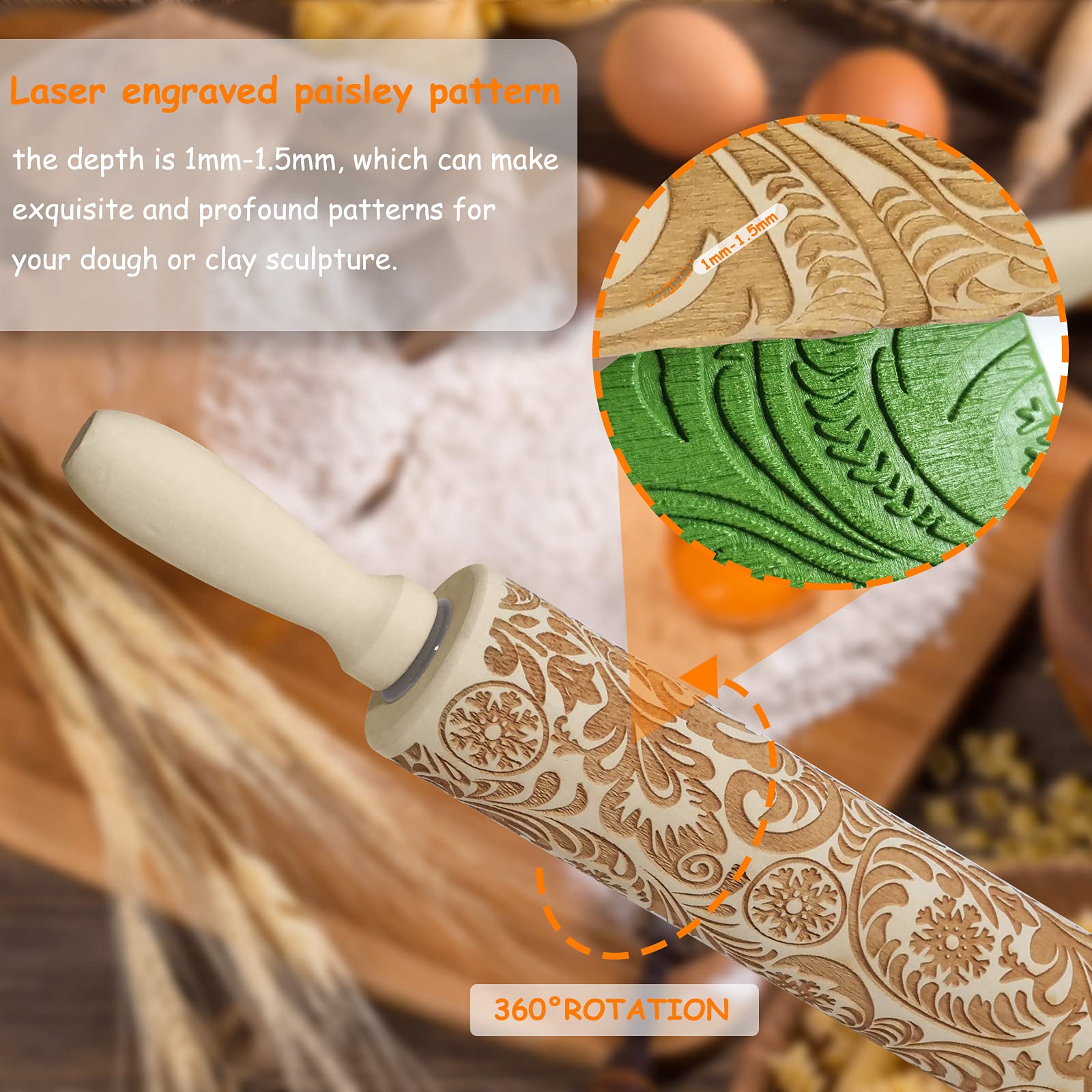 RDGDFONG Embossed Wooden Rolling Pin - Snowflake 14.9'' x 1.96'', Beech Wood, Ideal for Baking Cookies, Pizza, Fondant, Christmas Gifts