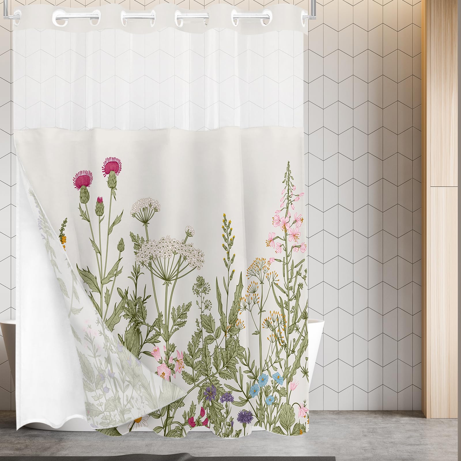 Tititex No Hooks Snap In Liner Vintage Wildflower Botanical Herbs Shower Curtain Sets, Hotel Luxury Double Layers Waterproof Fab