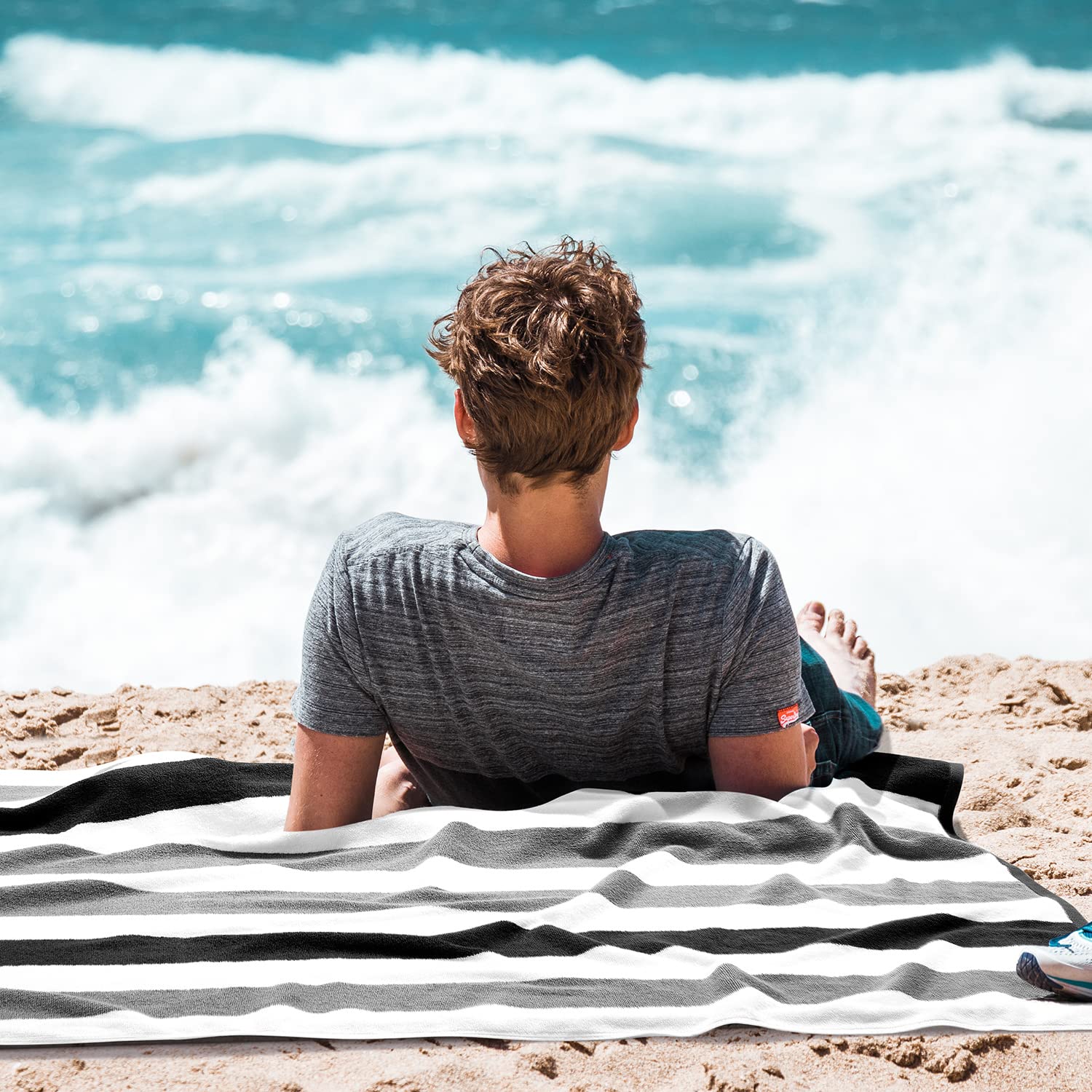 Bornbay Cotton Oversized Beach Towel - Extra Large 40''X70'' Plush Thick Mens Beach Towel, Xl Fluffy Stripe Pool Towels Charcoal