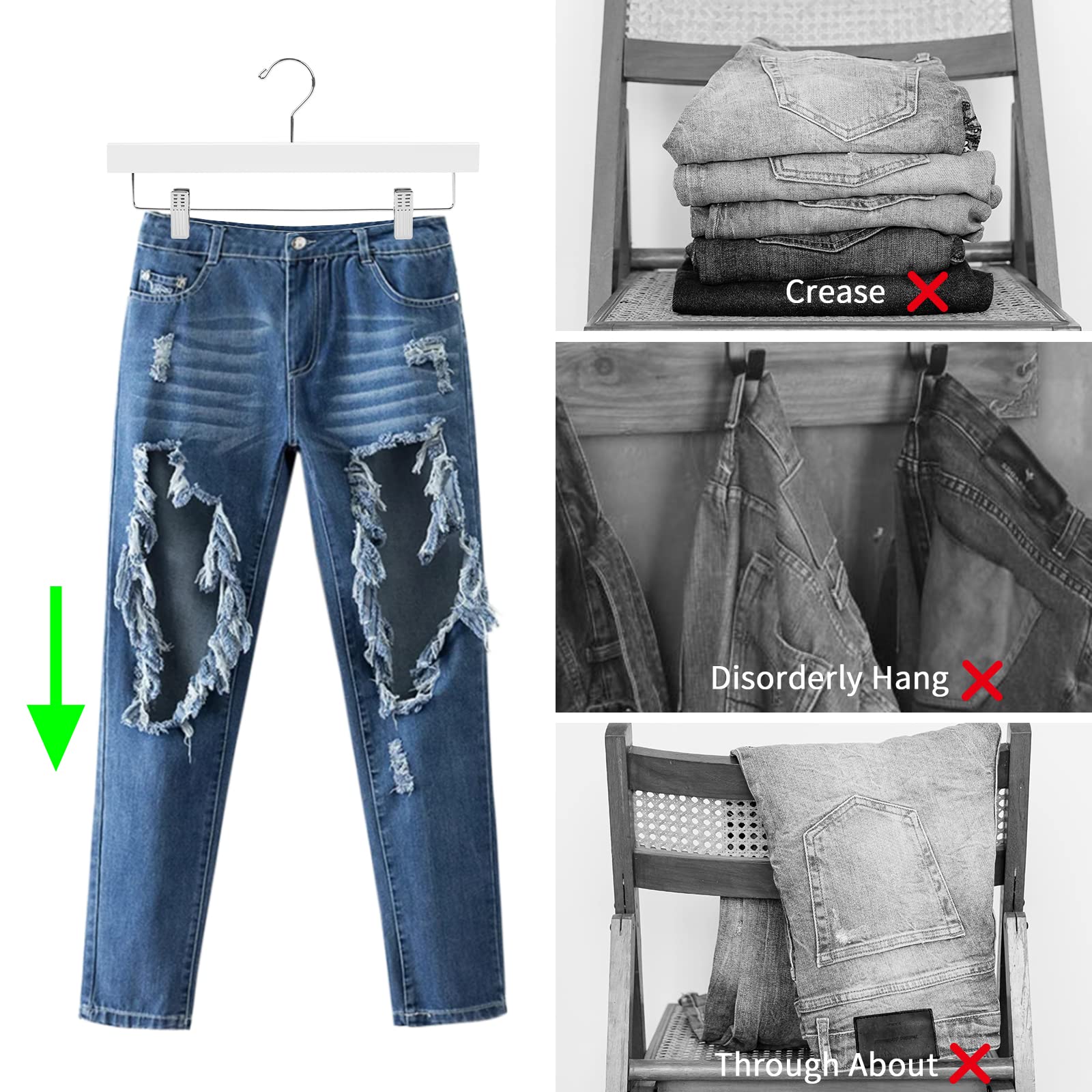 Nature Smile Wooden Pants Hangers Wood Bottom Jeans Skirt Hanger with Clips Anti Rust Hook Pack of 10 (White)