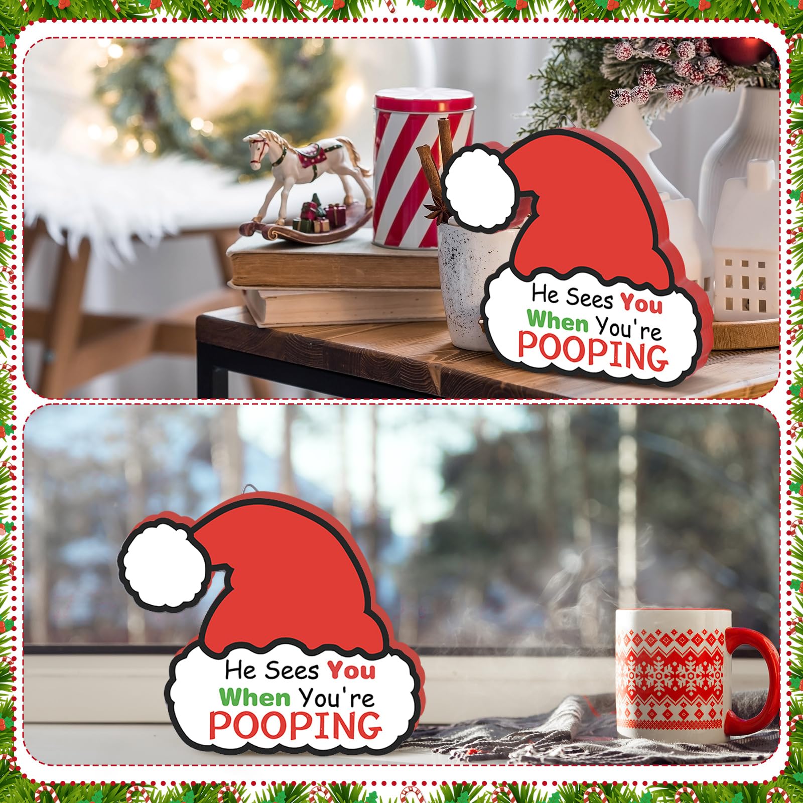 Leinuosen Christmas Bathroom Decorations, Funny Christmas Santa Hat Bathroom Wooden Sign Decor with Hook for Lavatory Xmas Hat O