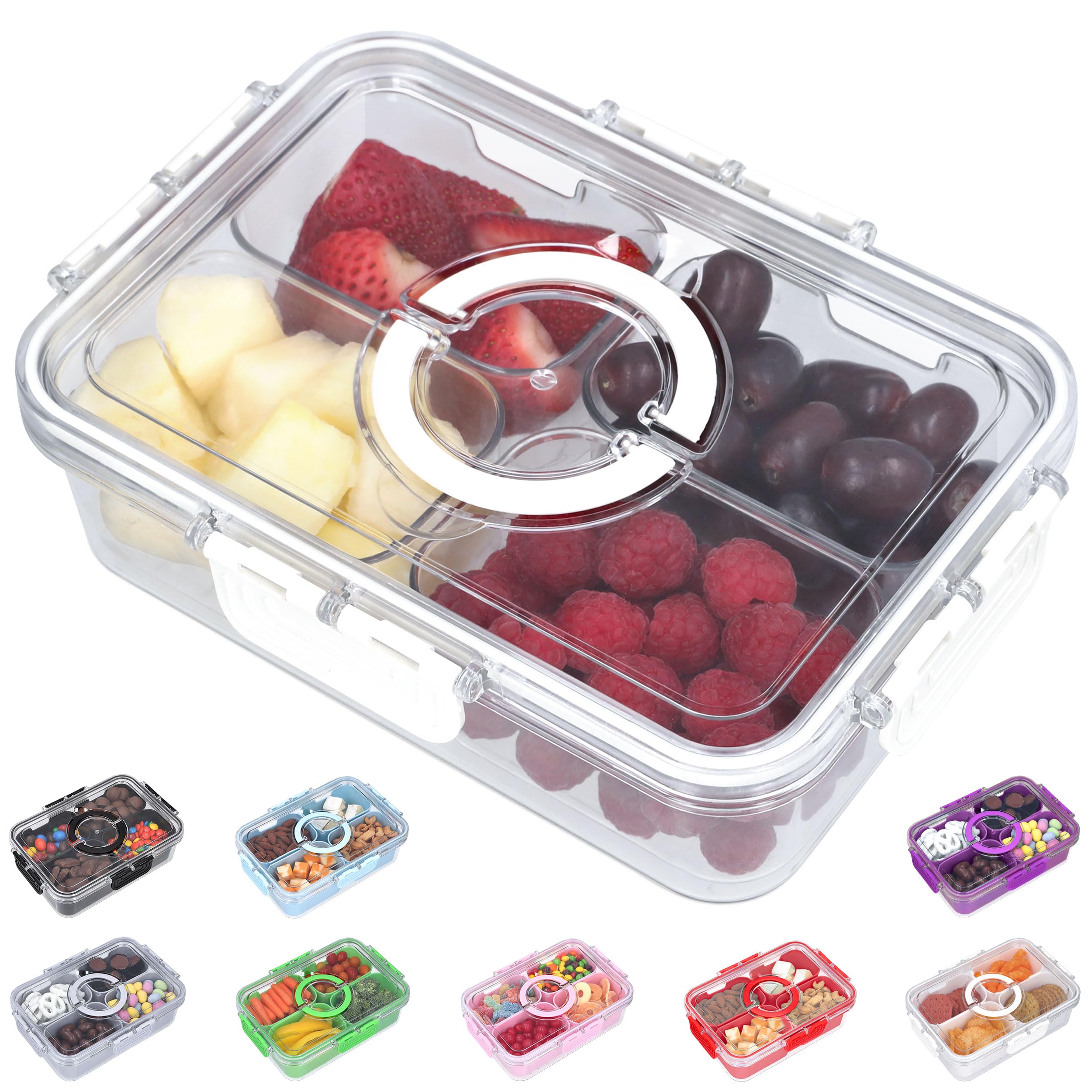 KEYVOZ Snackle Box Container with Lid- Travel Charcuterie Box with Handle - Organizer for Candy, Fruit, Nuts, Veggies, Snacks, B