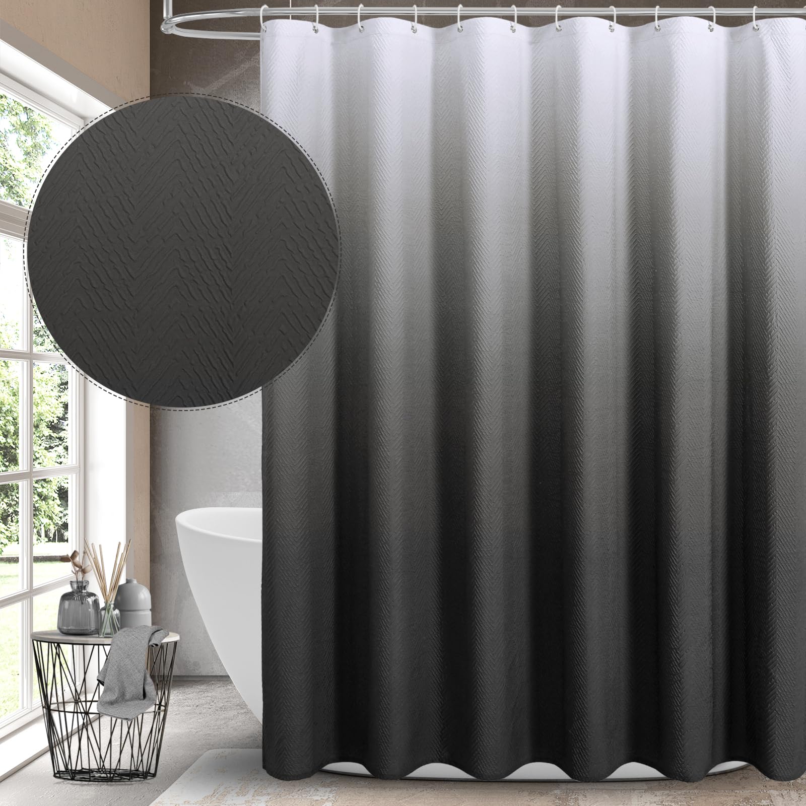 Gibelle Ombre Black Shower Curtain, 3D Embossed Textured Herringbone Fabric Shower Curtain, Modern Farmhouse Bathroom Decor Soft